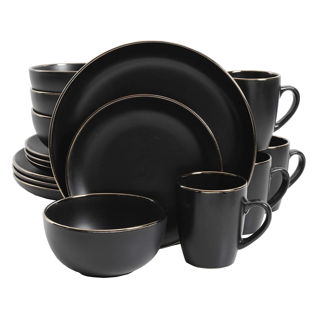 Gibson Home Rockaway Round Stoneware Dinnerware, Set of 16, Black with Gold Rim - VMInnovations