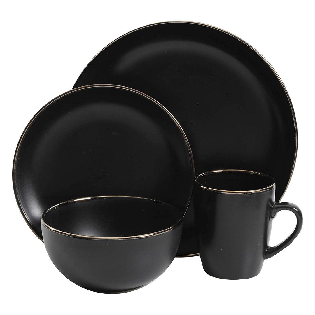 Gibson Home Rockaway Round Stoneware Dinnerware, Set of 16, Black with Gold Rim - VMInnovations