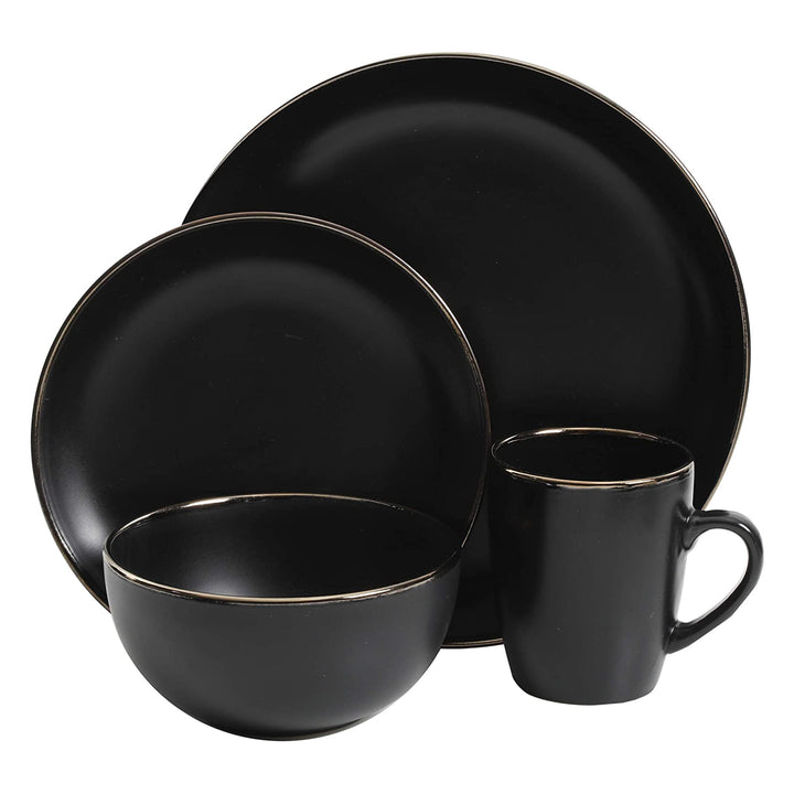 Gibson Home Rockaway Round Stoneware Dinnerware, Set of 16, Black with Gold Rim - VMInnovations