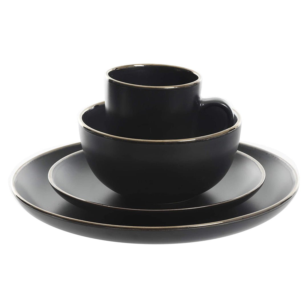 Gibson Home Rockaway Round Stoneware Dinnerware, Set of 16, Black with Gold Rim - VMInnovations