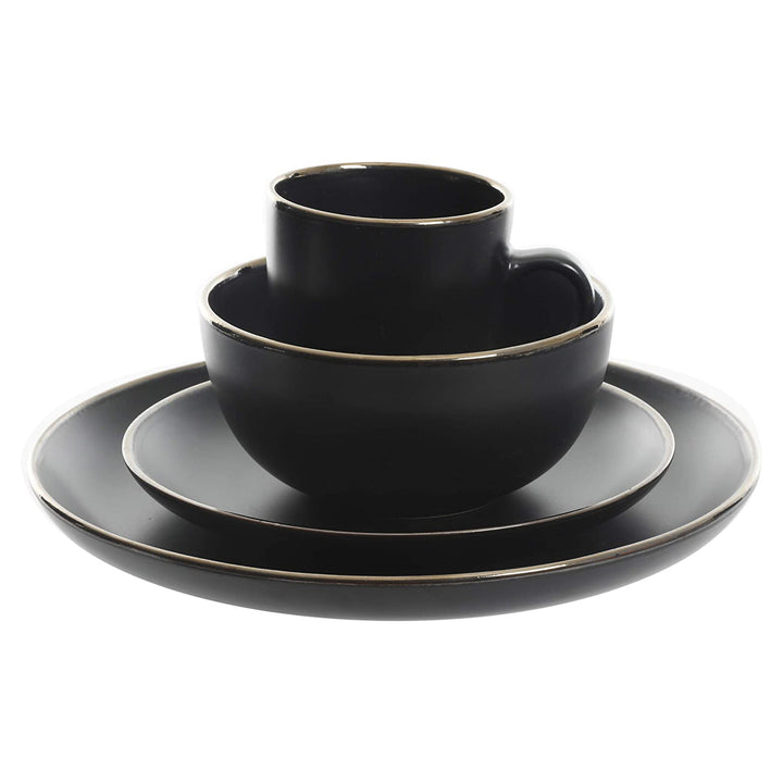 Gibson Home Rockaway Round Stoneware Dinnerware, Set of 16, Black with Gold Rim - VMInnovations