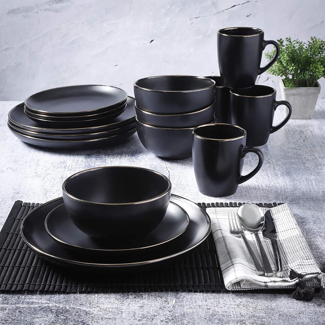 Gibson Home Rockaway Round Stoneware Dinnerware, Set of 16, Black with Gold Rim - VMInnovations