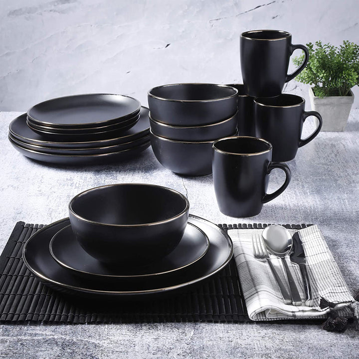 Gibson Home Rockaway Round Stoneware Dinnerware, Set of 16, Black with Gold Rim - VMInnovations