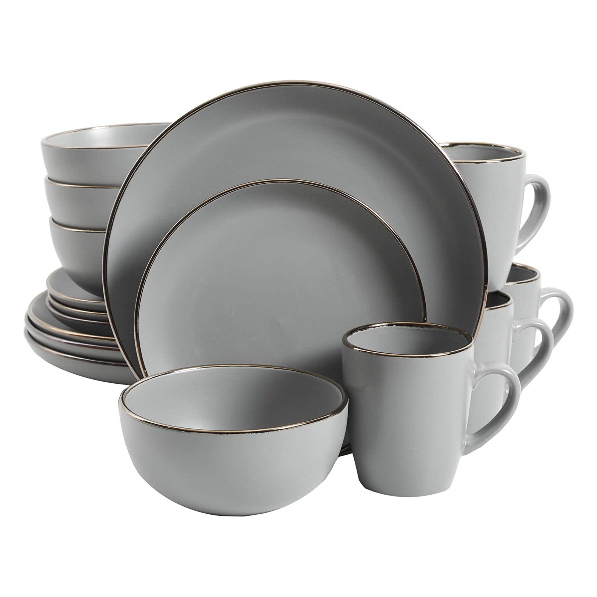 Gibson Home Rockaway Stoneware Dinnerware, Service for 4 Grey/Gold Rim(Open Box)