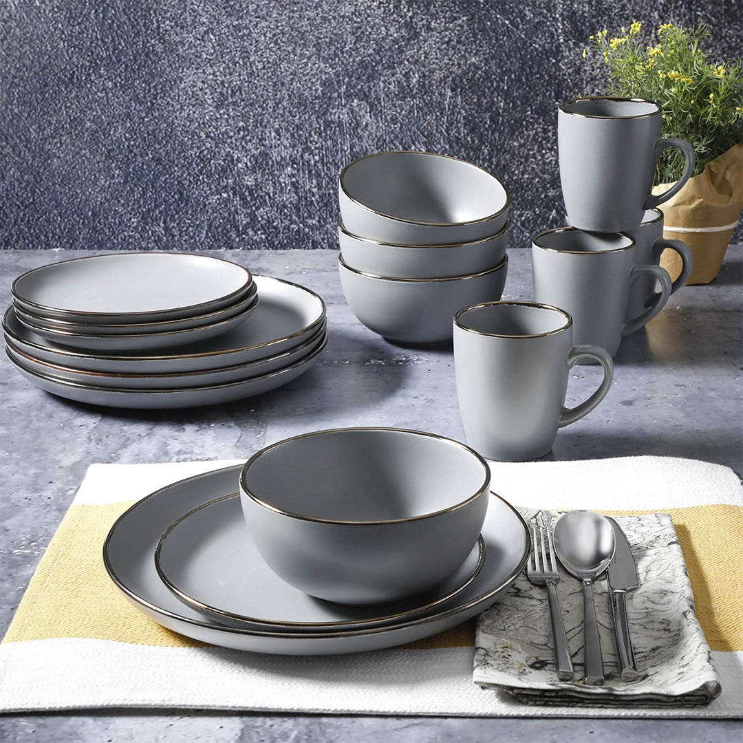 Gibson Home Rockaway Round Stoneware Dinnerware, Service for 4, Grey w/ Gold Rim - VMInnovations