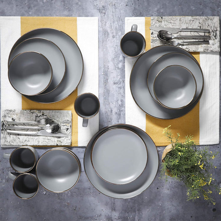 Gibson Home Rockaway Round Stoneware Dinnerware, Service for 4, Grey w/ Gold Rim - VMInnovations