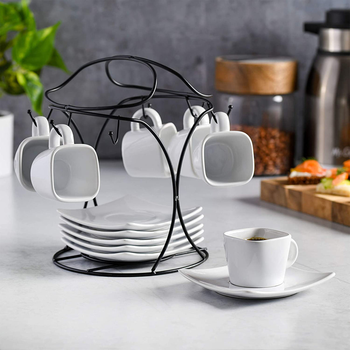 Gibson Home Gracious Dining Espresso Saucer & Cup Set w/ Stand, 13 Pieces, White