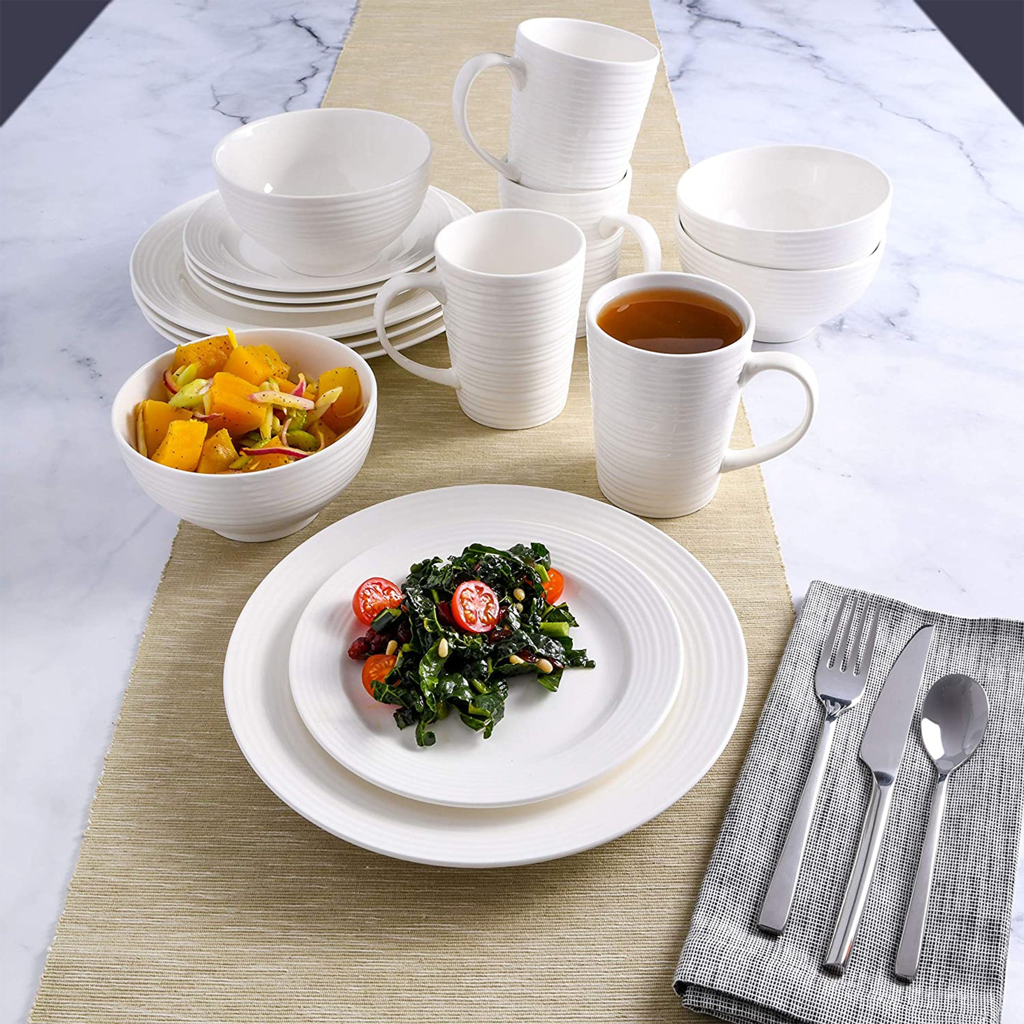Gibson Home Amelia Court 16 Piece Dinnerware Set with White Embossed Porcelain - VMInnovations