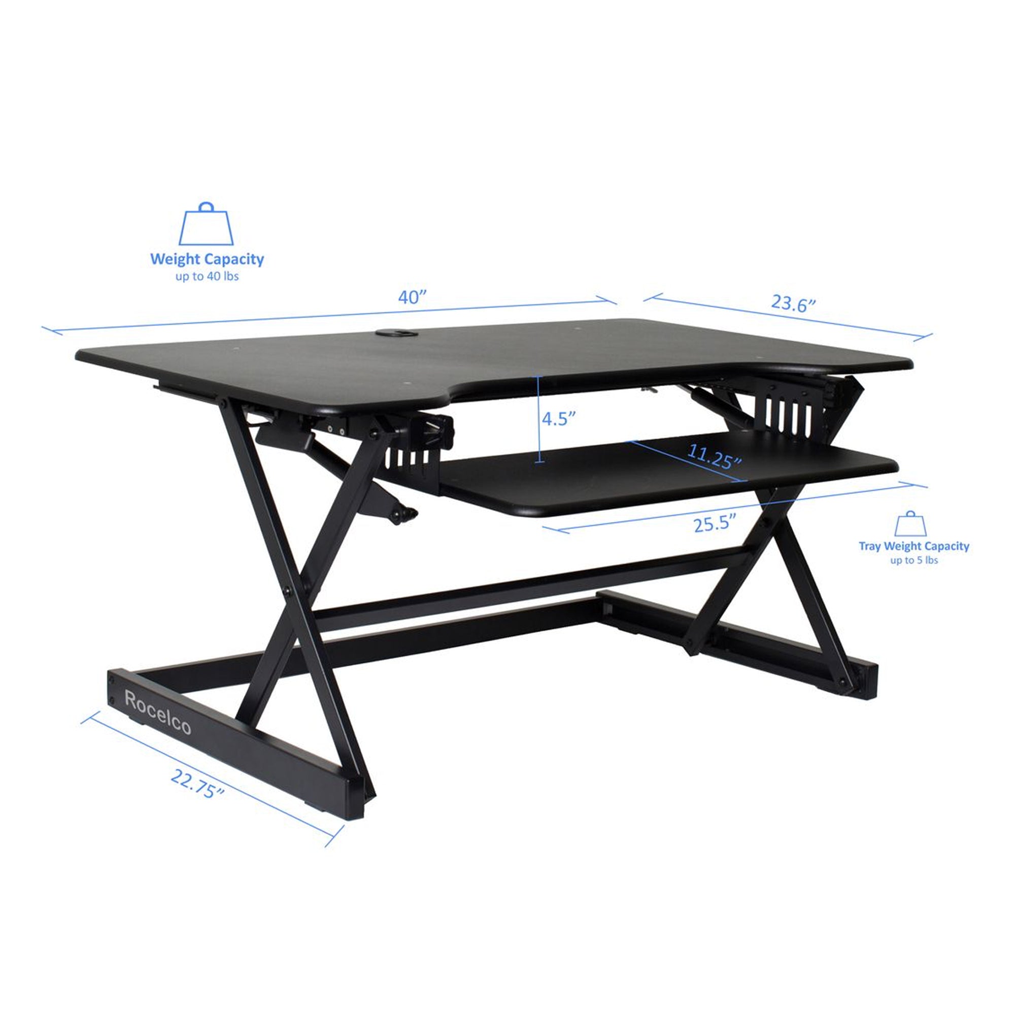 Rocelco 40 In Standing Desk Converter & 30 In Dual Monitor Stand w/ USB Charging - VMInnovations