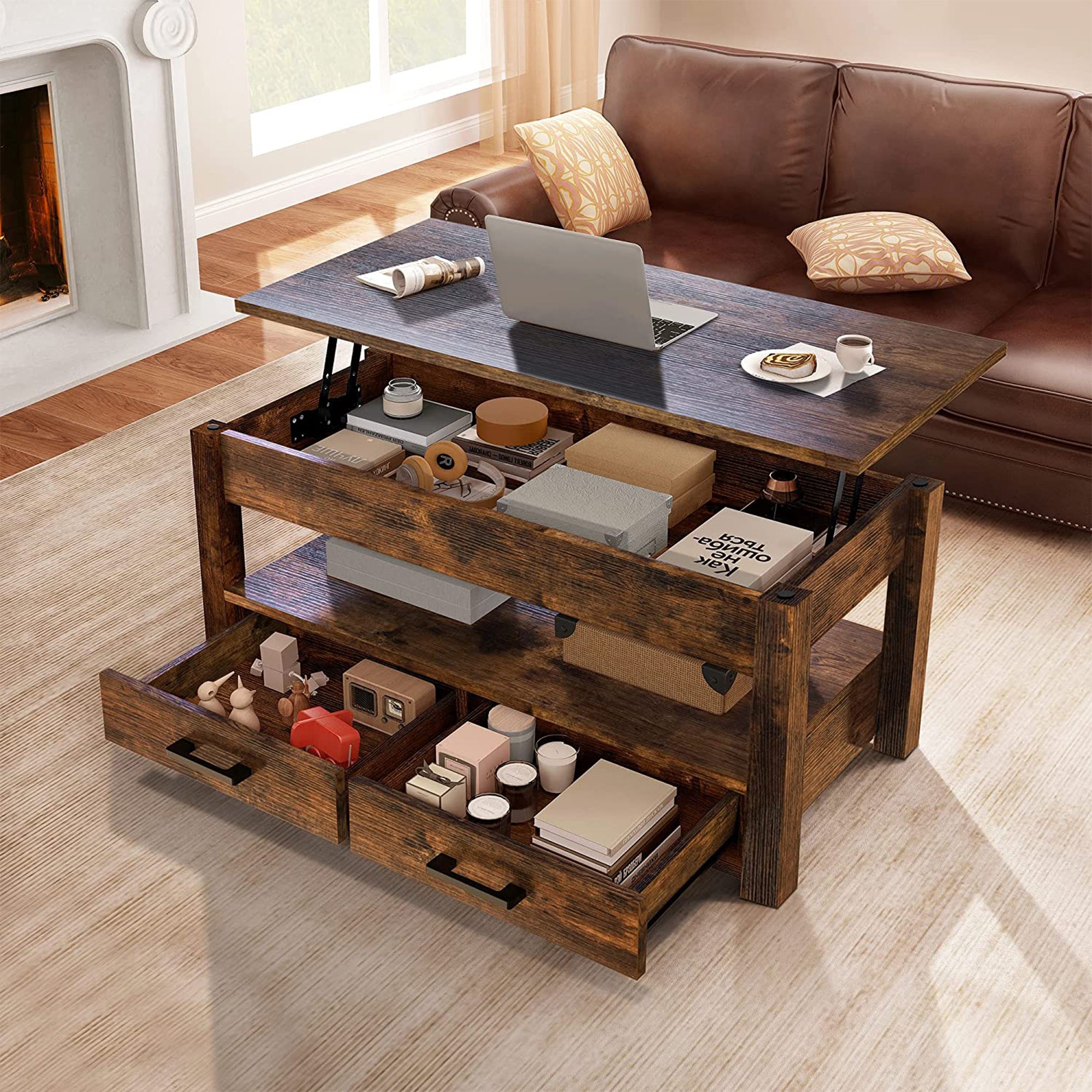 FABATO 23 In Lift Top Rustic Open Storage Coffee Table with 2 Drawers (Open Box) - VMInnovations
