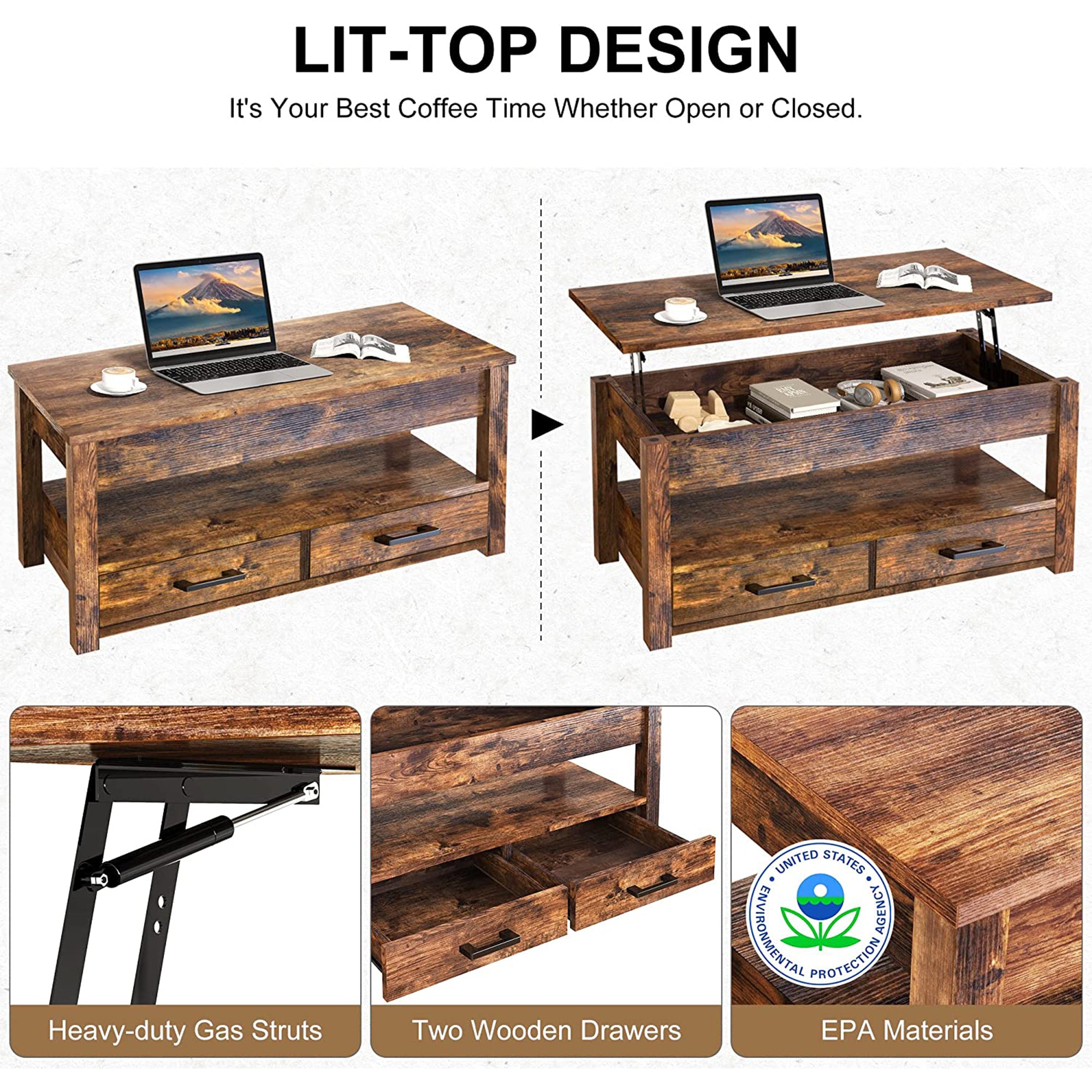 FABATO 23 In Lift Top Rustic Open Storage Coffee Table with 2 Drawers (Open Box) - VMInnovations