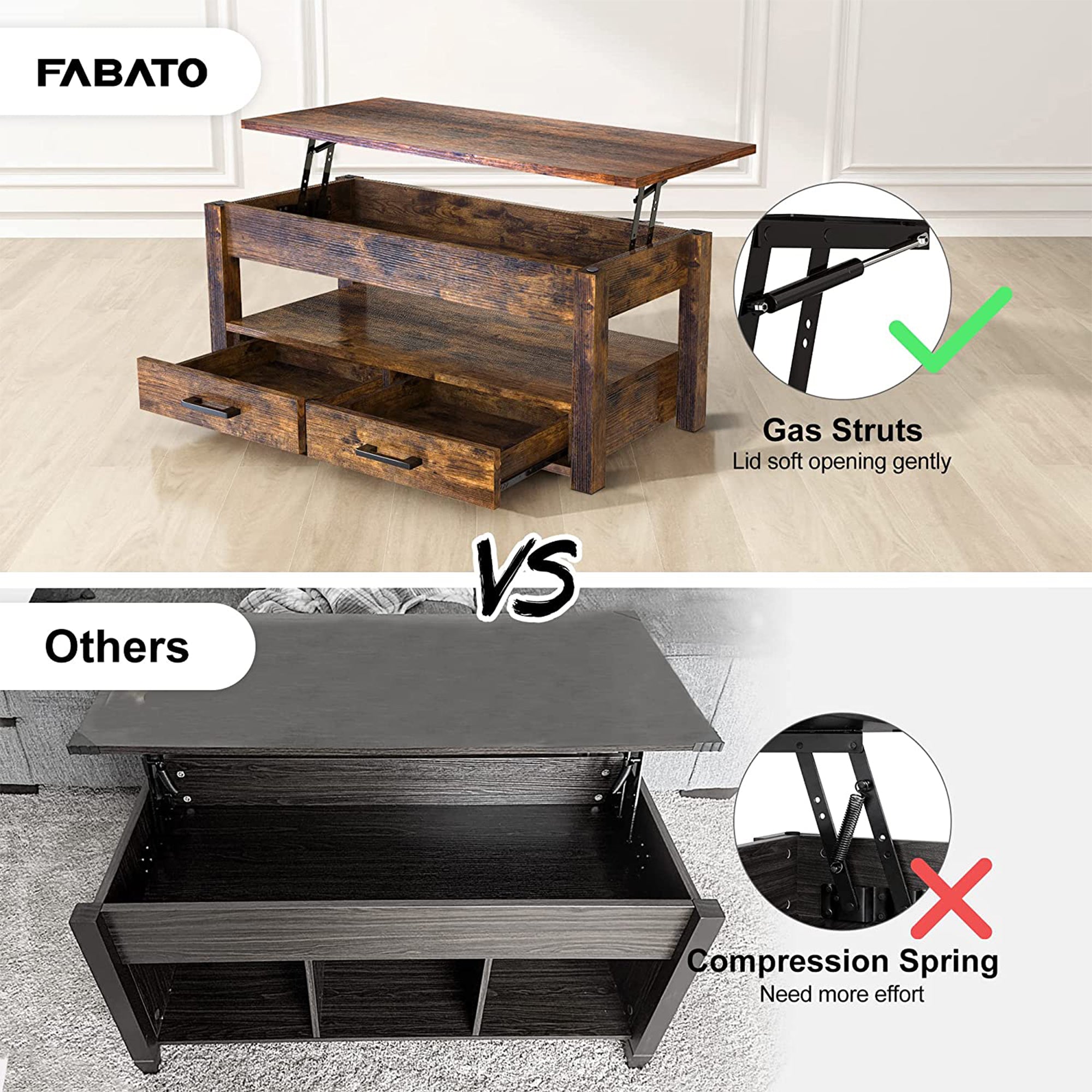 FABATO 23 In Lift Top Rustic Open Storage Coffee Table with 2 Drawers (Open Box) - VMInnovations
