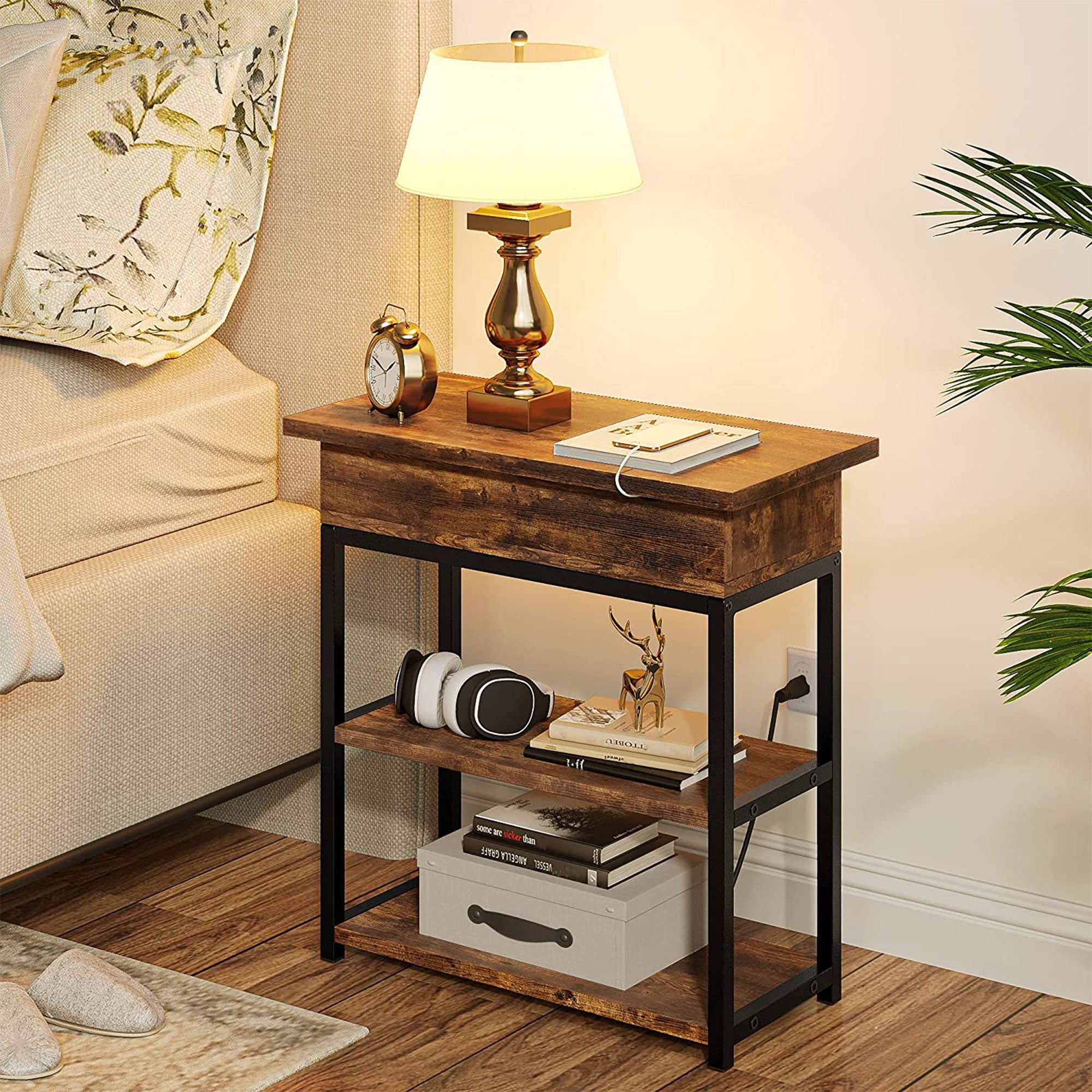 FABATO Side Table with Charging Station & Flip Top Shelving, Rustic Brown (Used) - VMInnovations