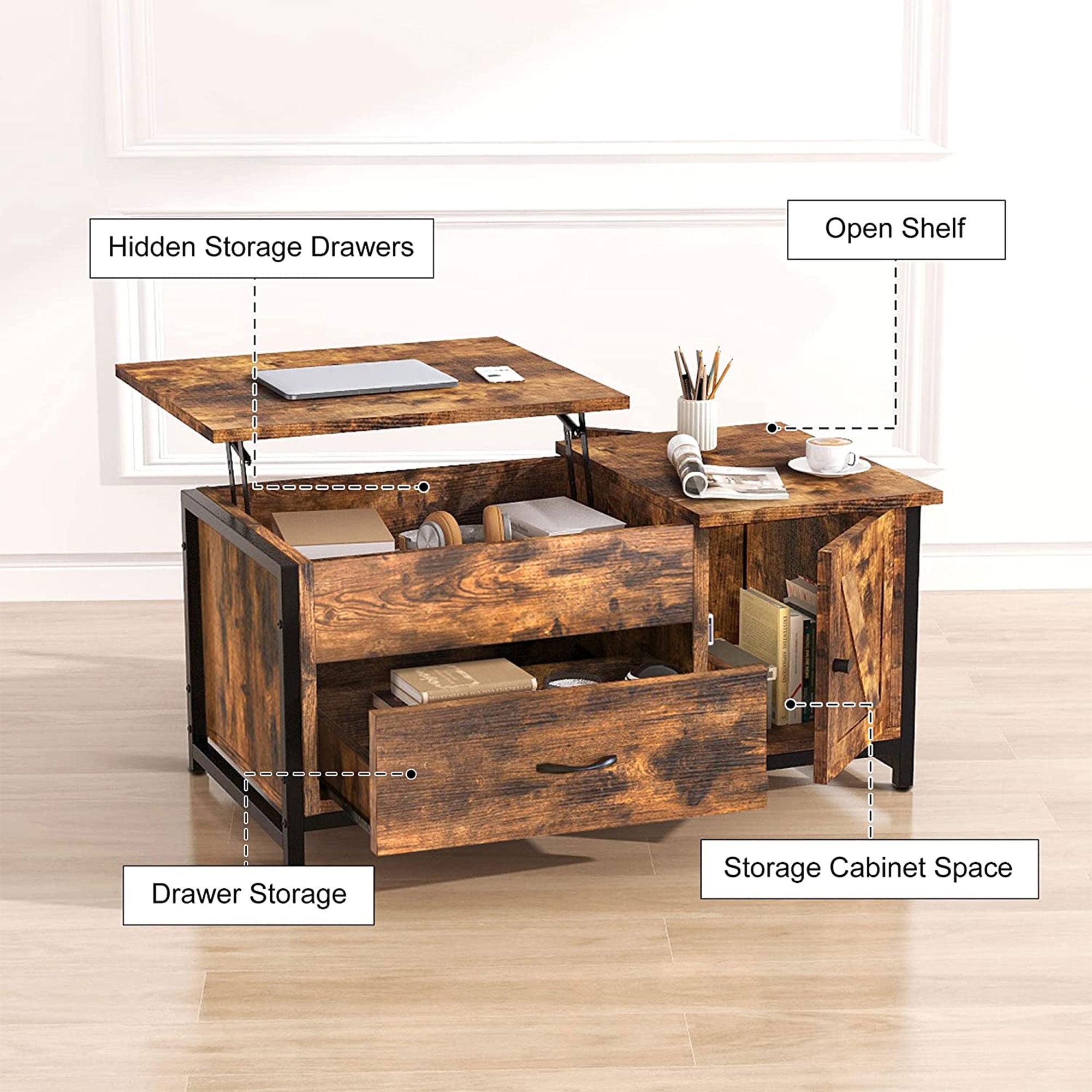 FABATO 41.7" Lift Top Rustic Open Storage Coffee Table w/Drawers,Brown(Open Box) - VMInnovations