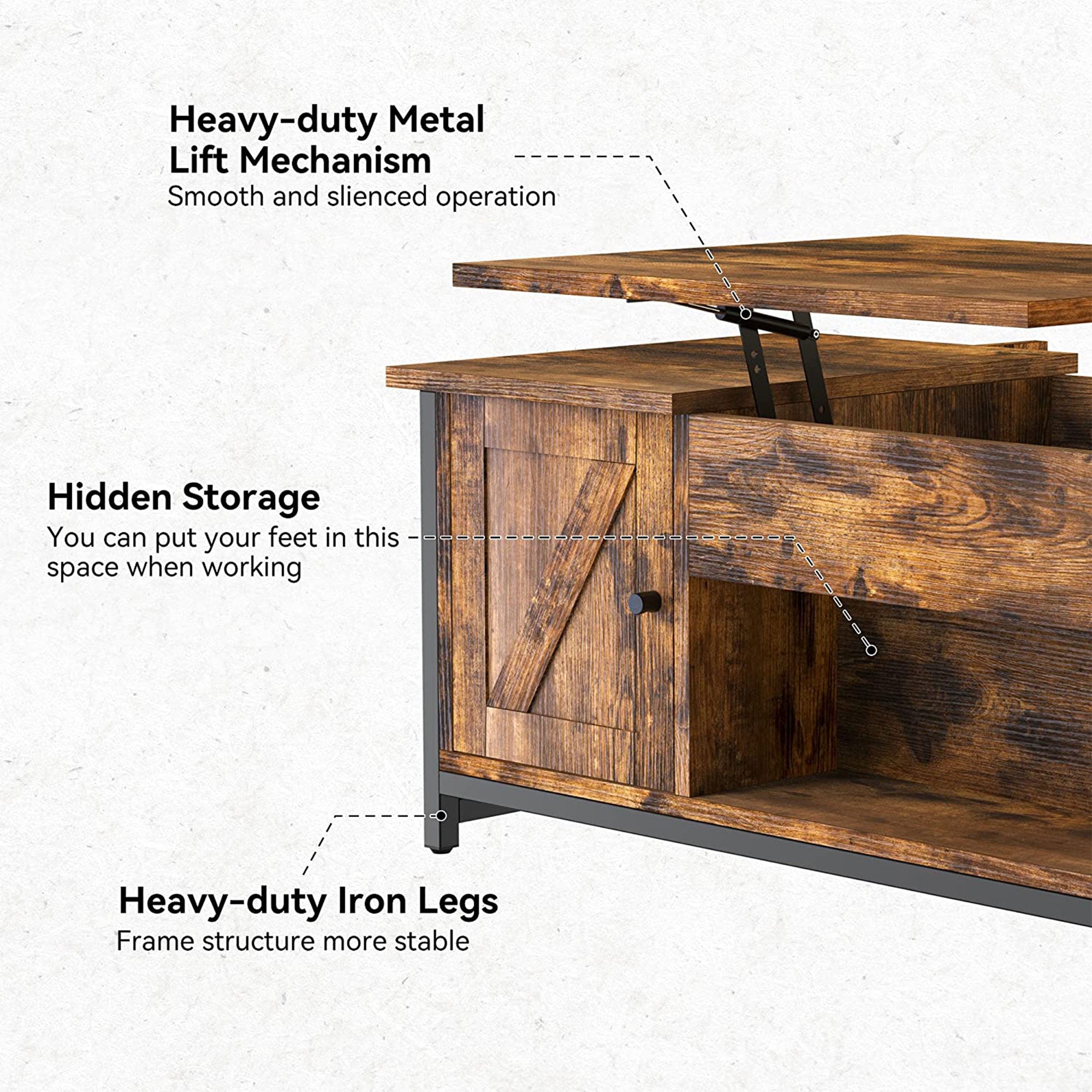 FABATO 41.7 Inch Lift Top Rustic Open Storage Coffee Table with Drawers, Brown - VMInnovations