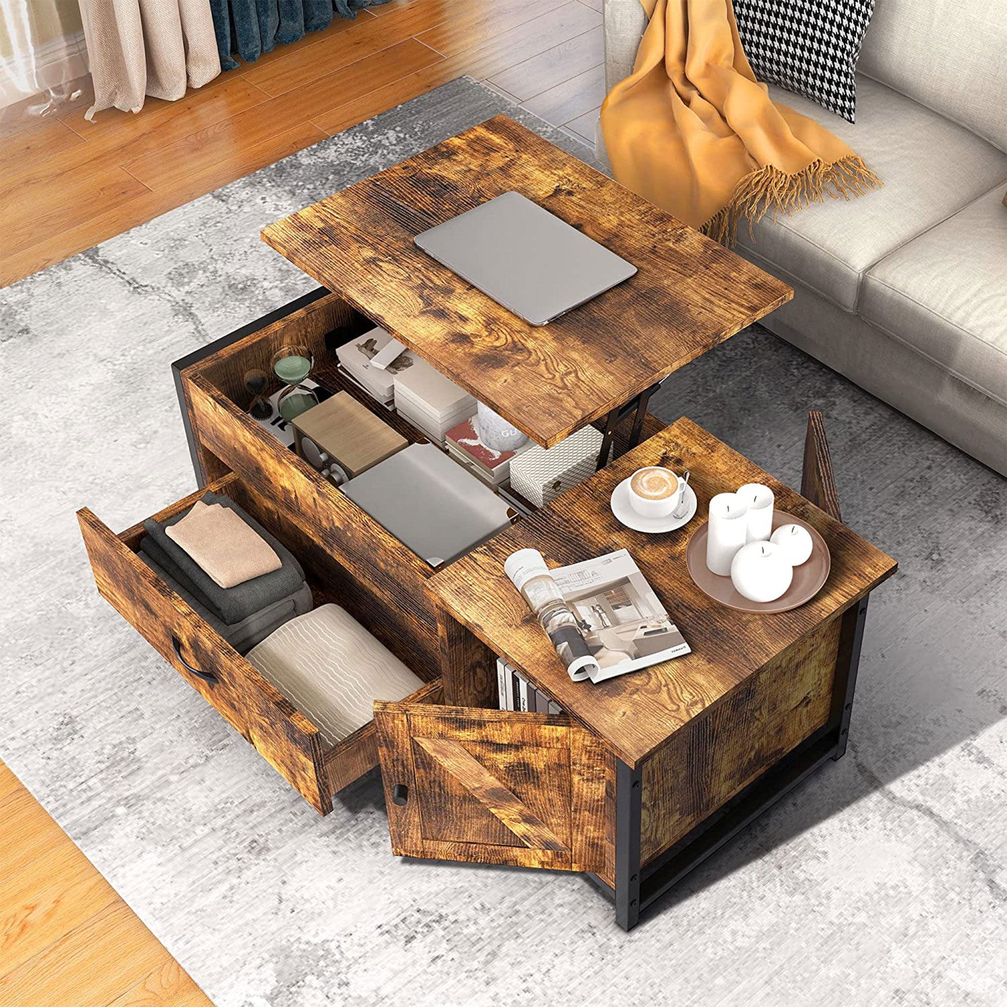 FABATO 41.7 Inch Lift Top Rustic Open Storage Coffee Table with Drawers, Brown - VMInnovations