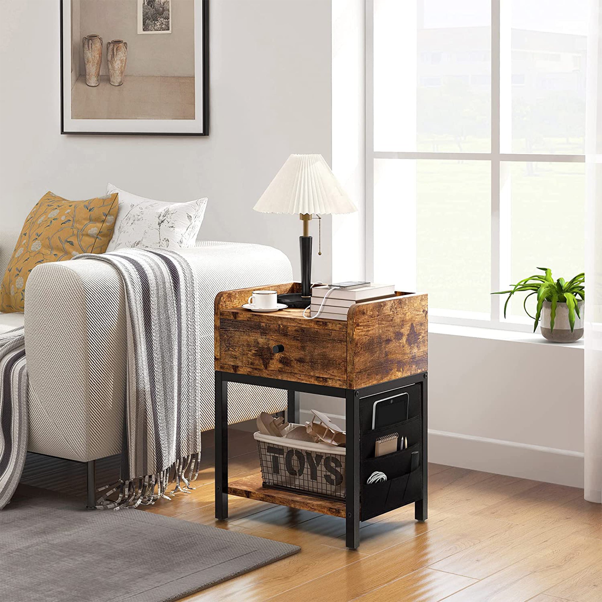 FABATO End Table and Nightstand with Charging Station, Rustic Brown (Used) - VMInnovations