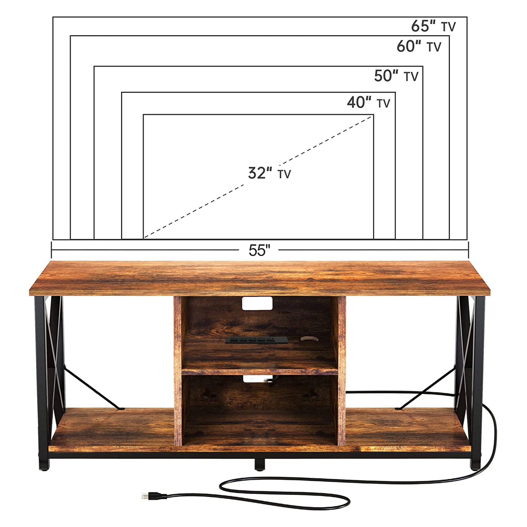 65 Inch TV Stand & Entertainment Center w/ 4 Socket Plug-In Station (Open Box) - VMInnovations