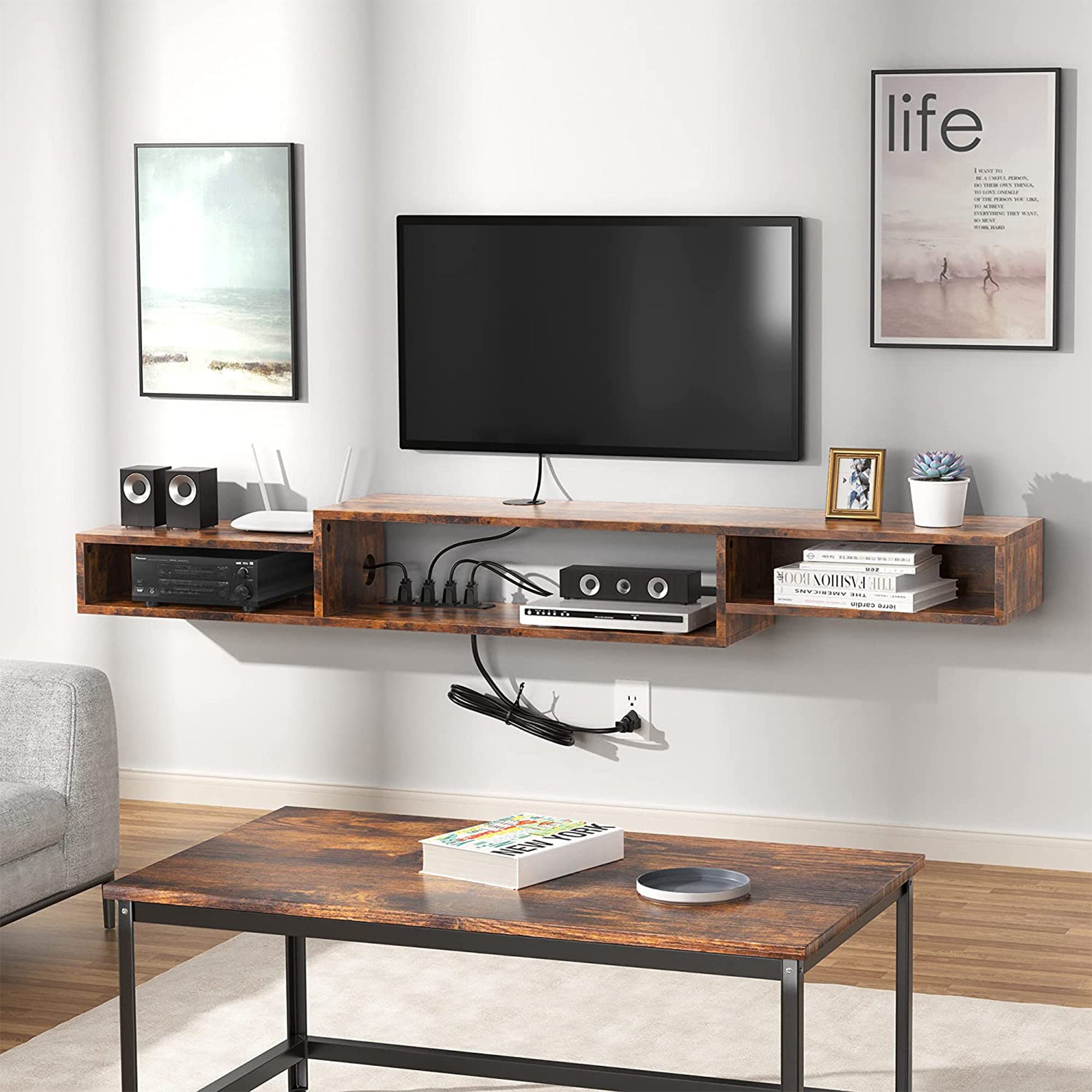 Fabato 70 In Wall Mounted Floating Media Console w/ Built In Power Strip, Rustic