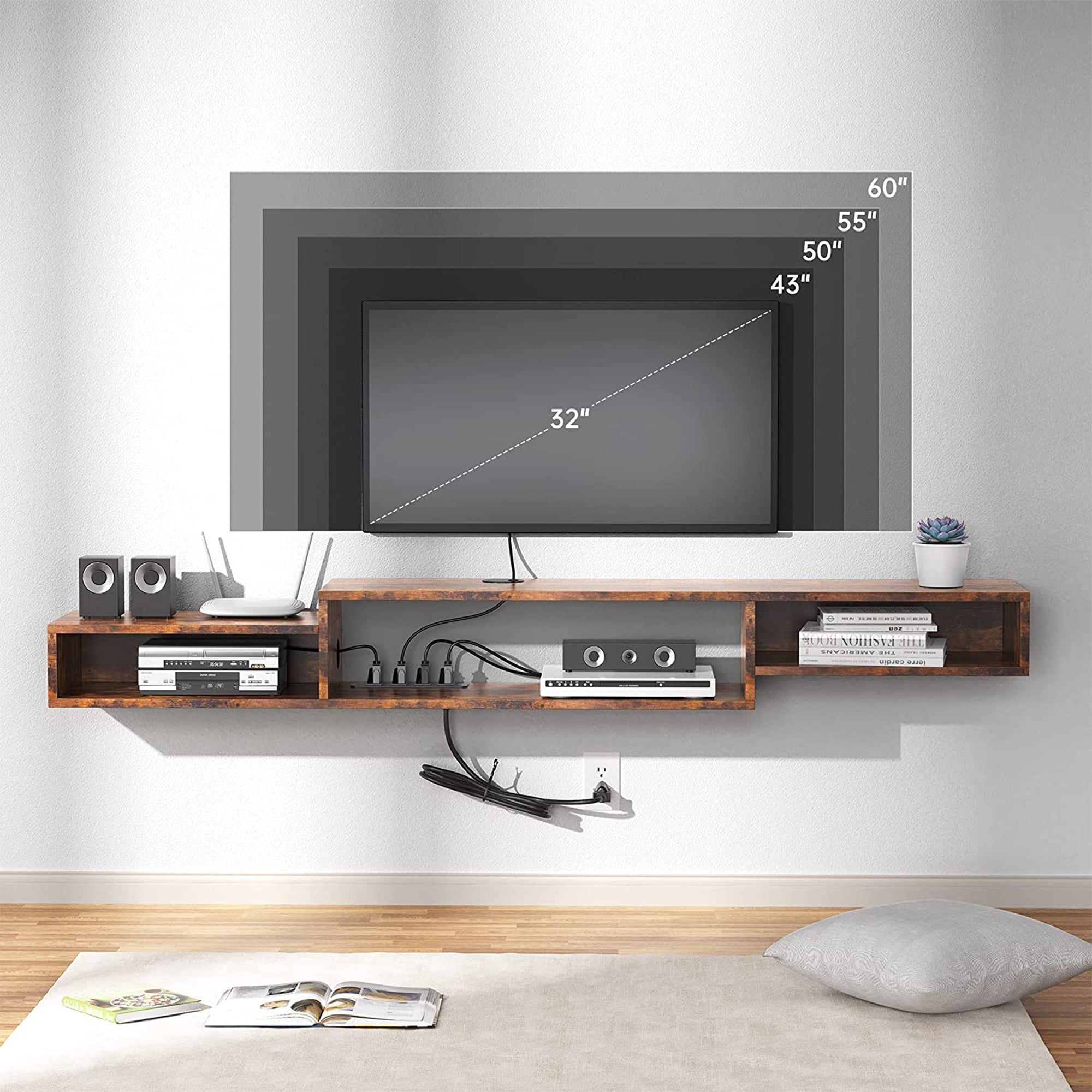 Fabato 70 In Wall Mounted Floating Media Console w/ Built In Power Strip, Rustic