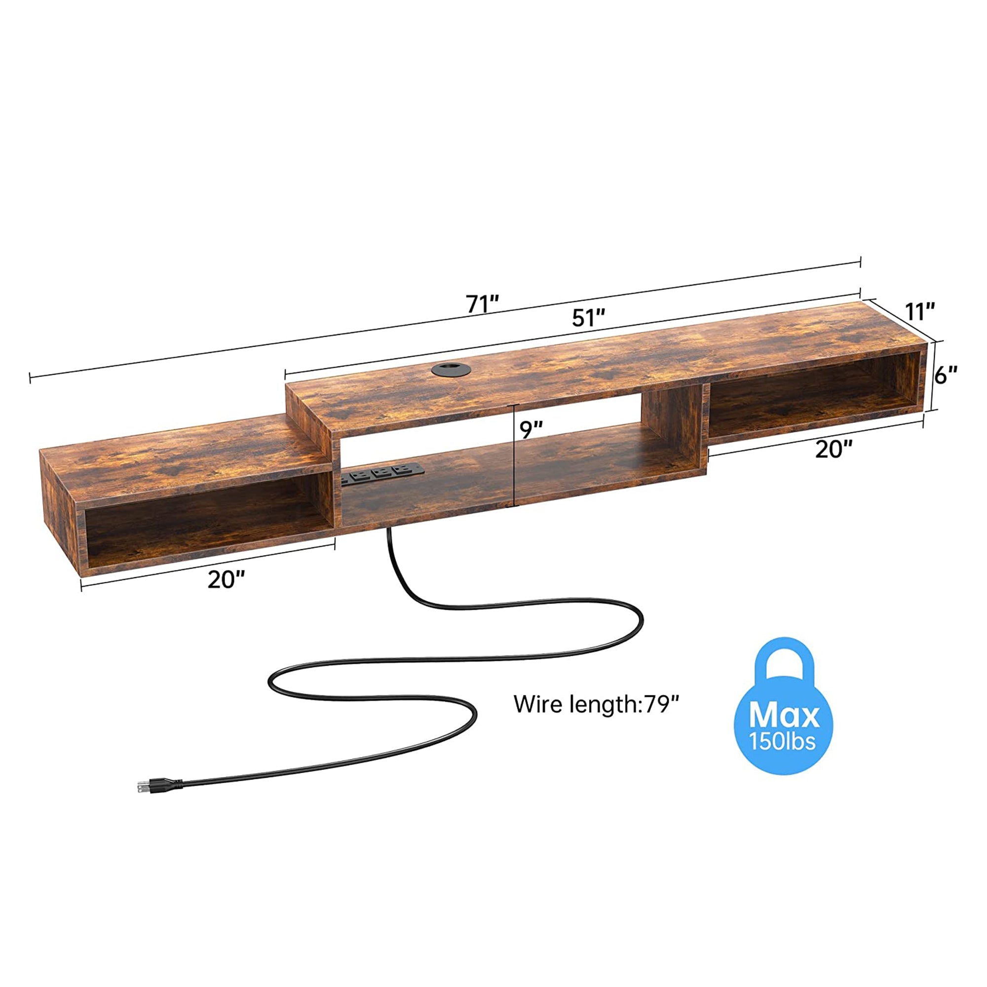 Fabato 70 In Wall Mounted Floating Media Console w/ Built In Power Strip, Rustic