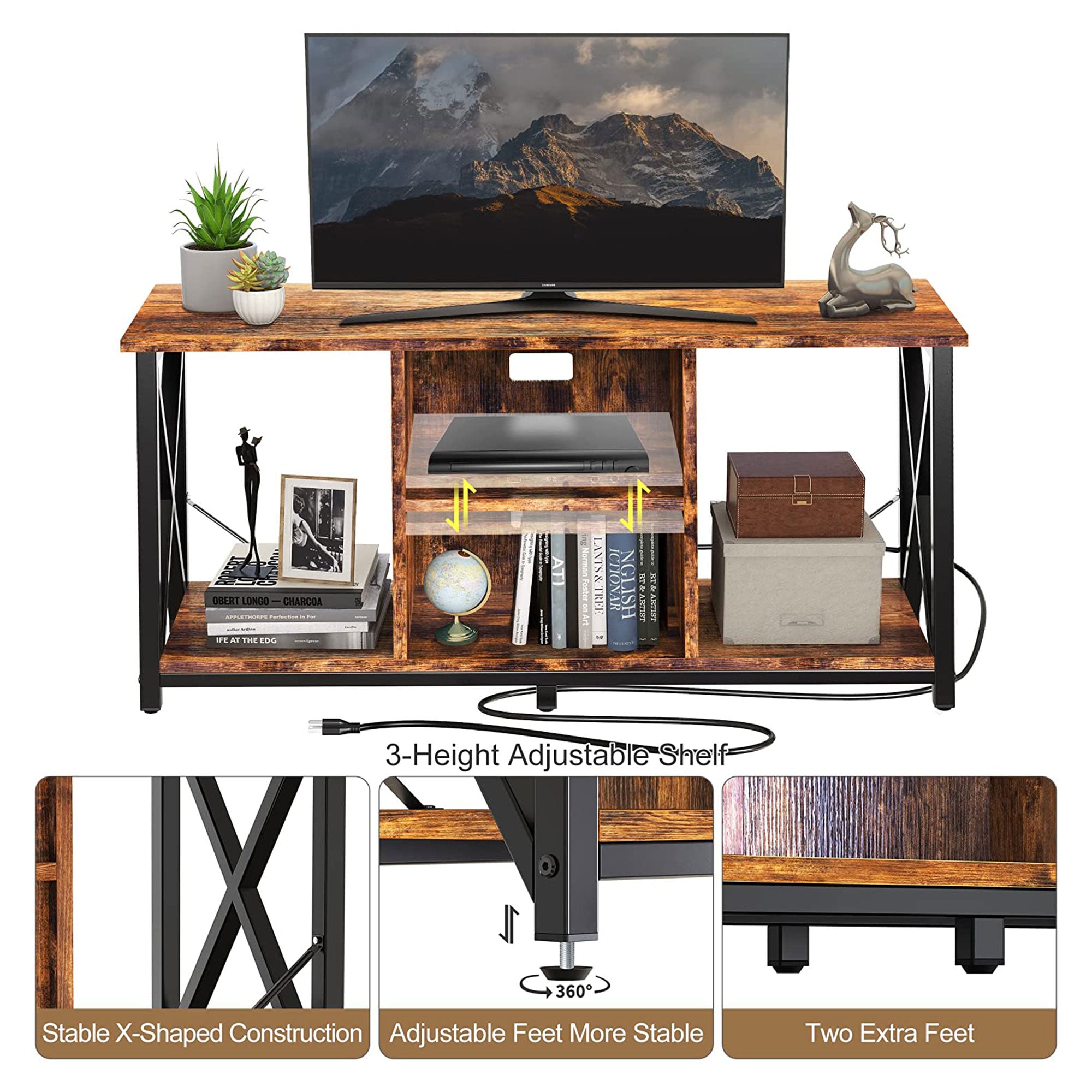 Fabato Wood 55 Inch TV Stand & Entertainment Center w/ 4 Socket Plug-In Station - VMInnovations