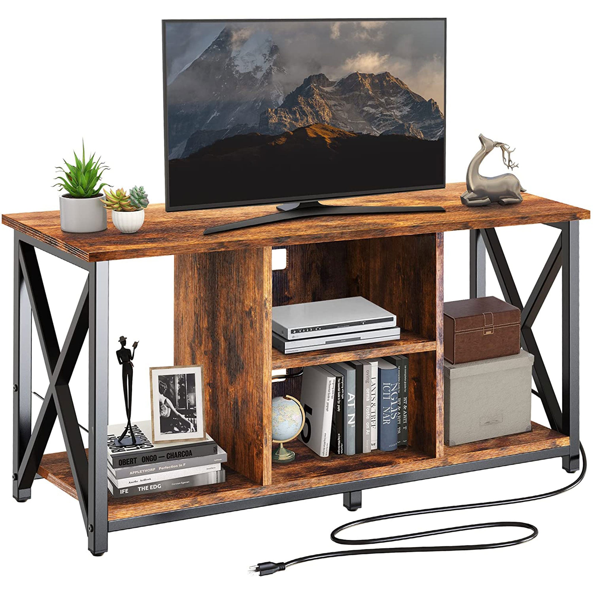 Fabato Wood 55 Inch TV Stand & Entertainment Center w/ 4 Socket Plug-In Station - VMInnovations