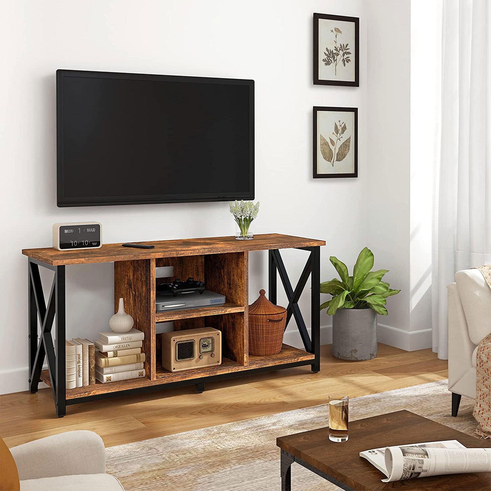 Fabato Wood 55 Inch TV Stand & Entertainment Center w/ 4 Socket Plug-In Station - VMInnovations
