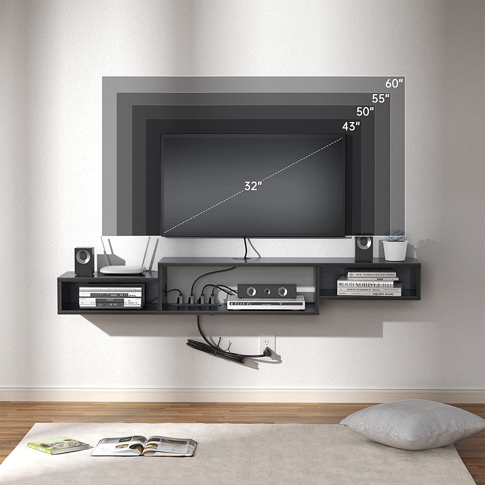 Fabato 59 In Wall Mounted Media Console w/Built In Power Strip (Open Box) - VMInnovations