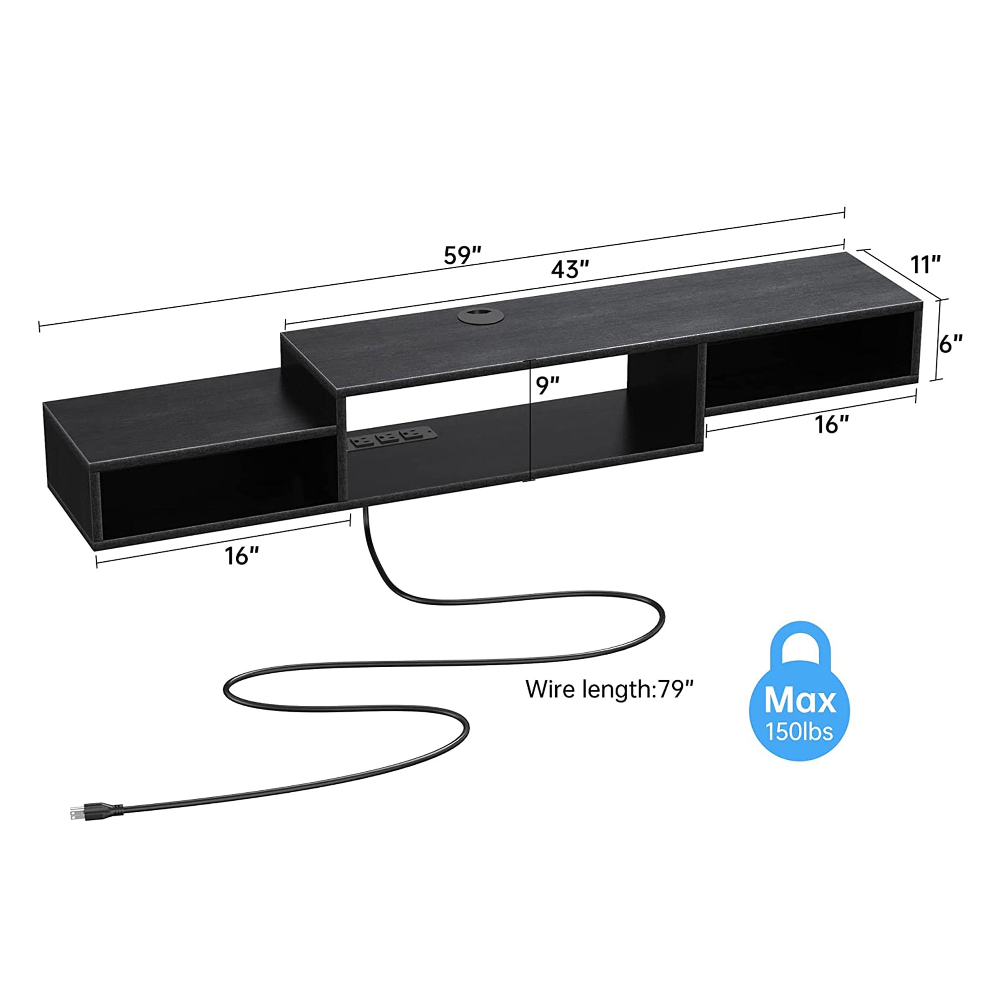 Fabato 59 In Wall Mounted Media Console w/Built In Power Strip (Open Box) - VMInnovations