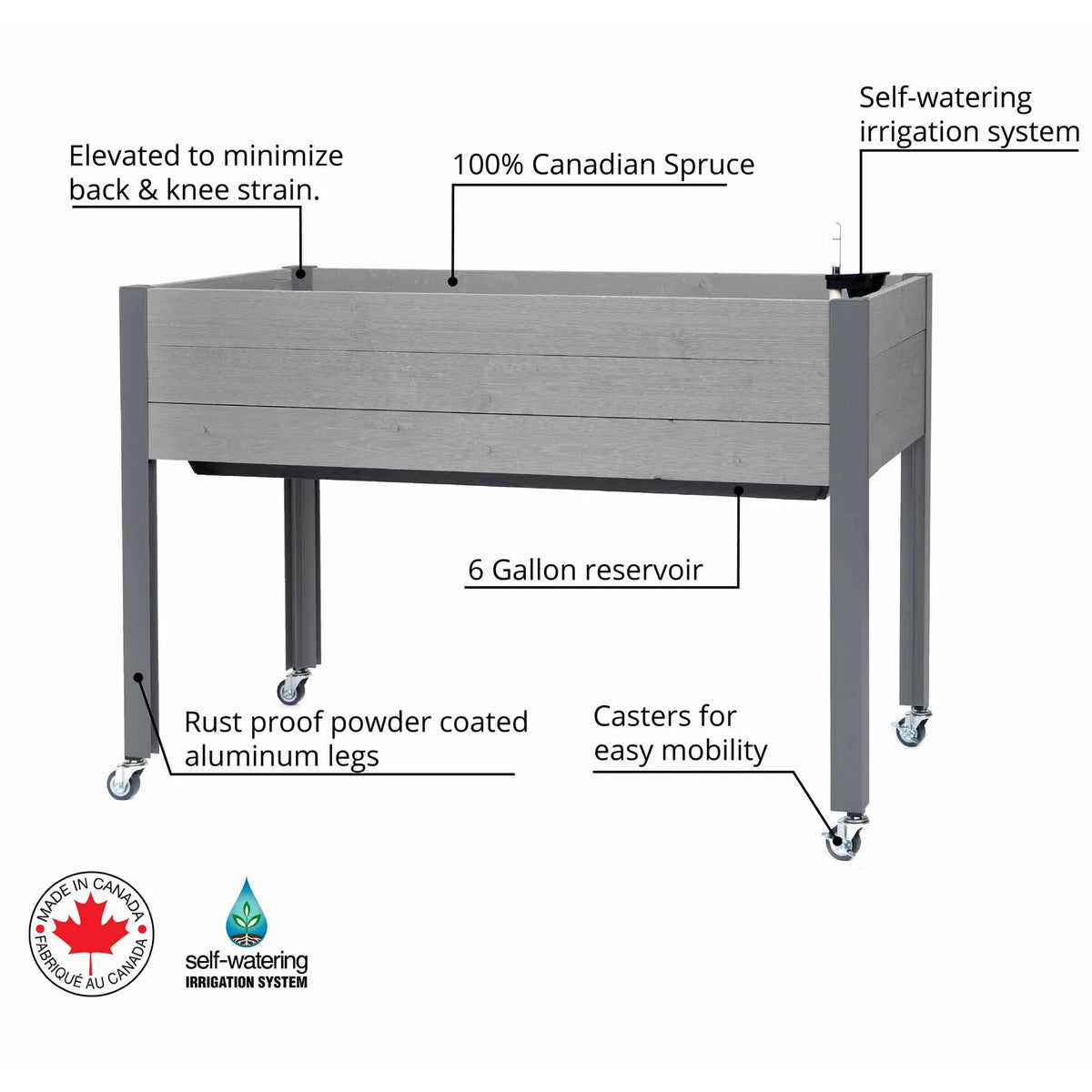CedarCraft Self-Watering Elevated Planter w/ 4 Wheels, 21" x 47"W x 32"H, Gray