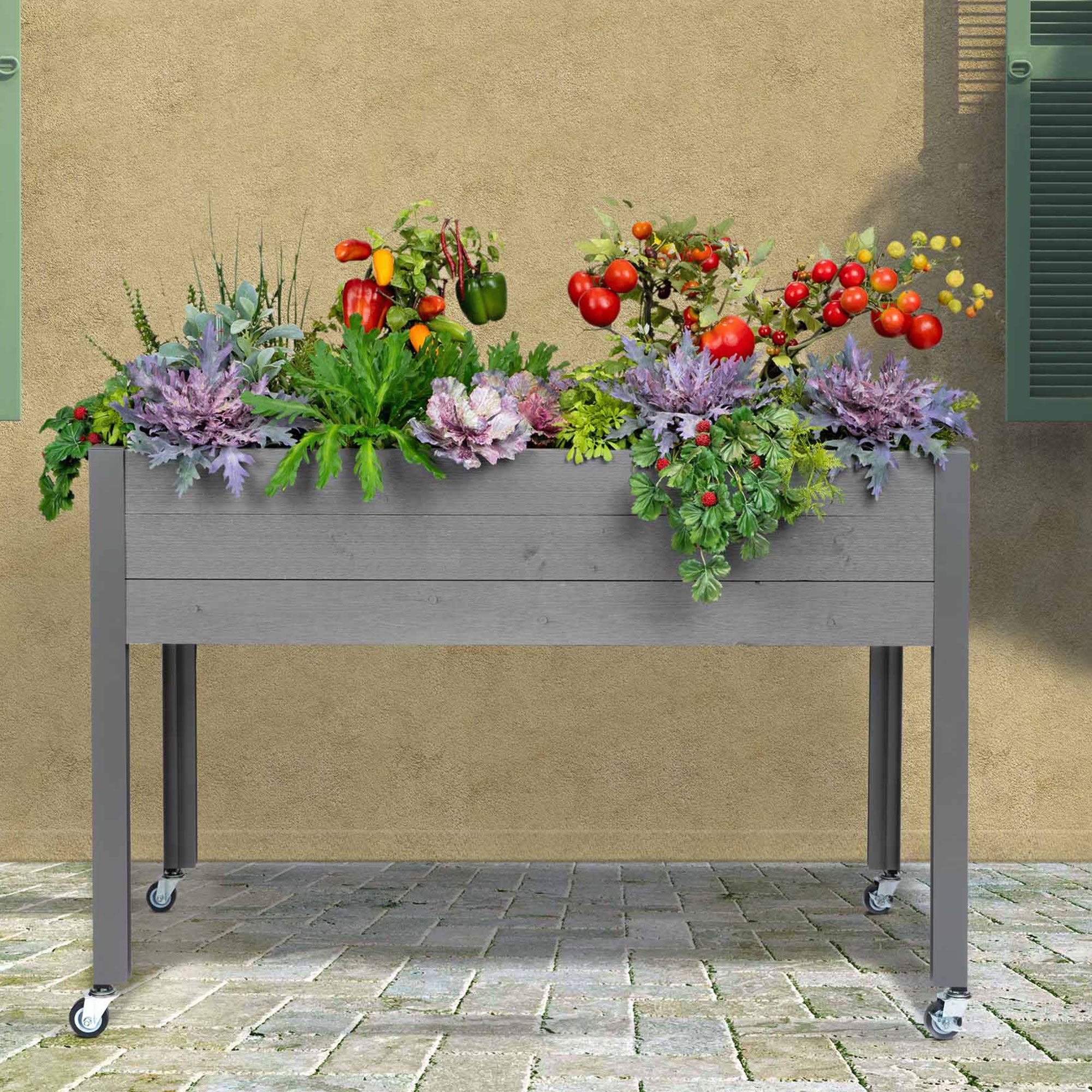 CedarCraft Self-Watering Elevated Planter w/ 4 Wheels, 21" x 47"W x 32"H, Gray