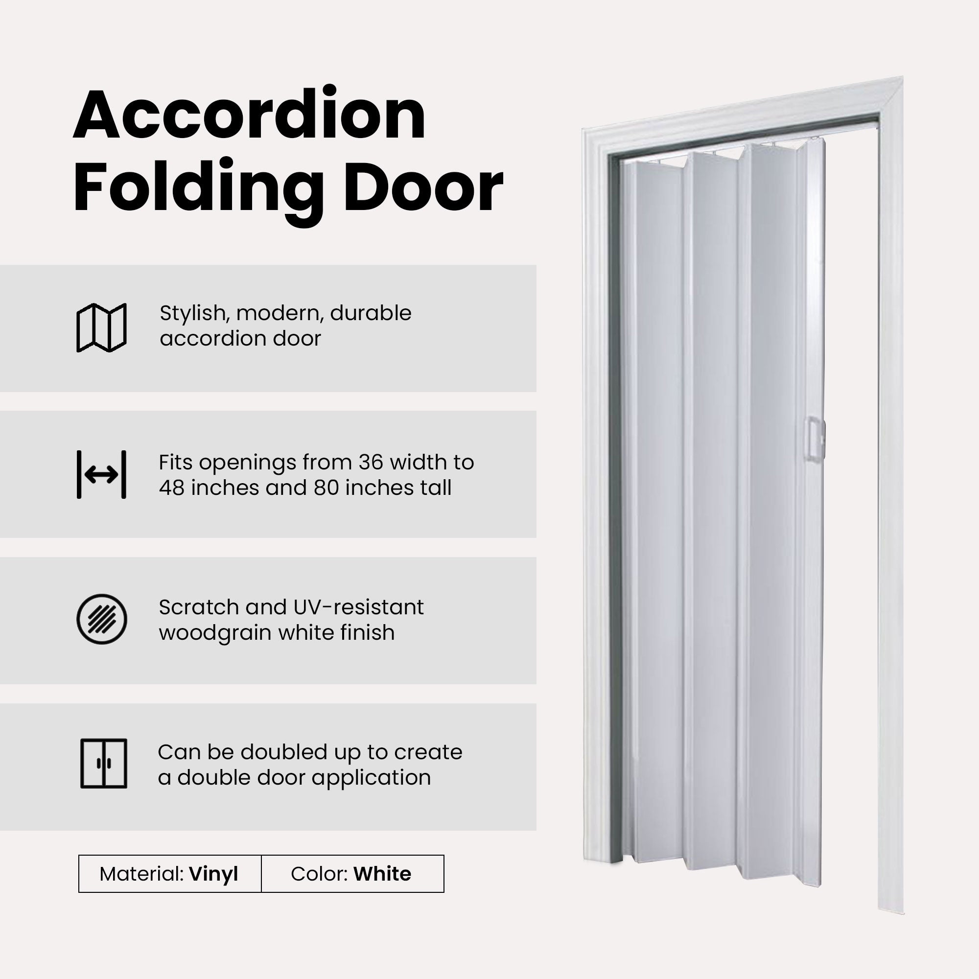 LTL Home Products OAKMT4880HEC Oakmont Wooden Style Vinyl Accordion Door, White - VMInnovations
