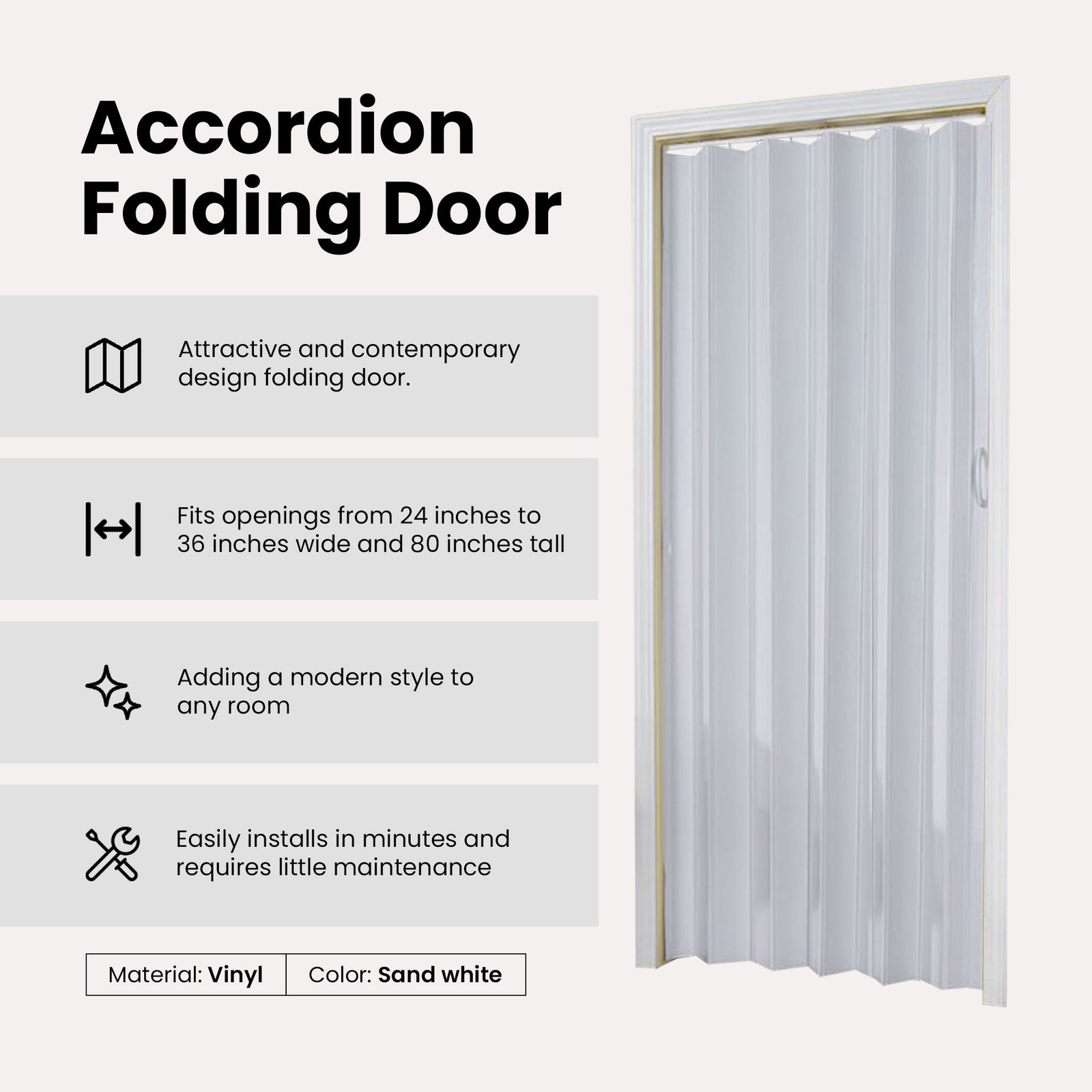 LTL Home Products Contempora Accordion Folding Door, 36 x 80 Inches, Sand White - VMInnovations