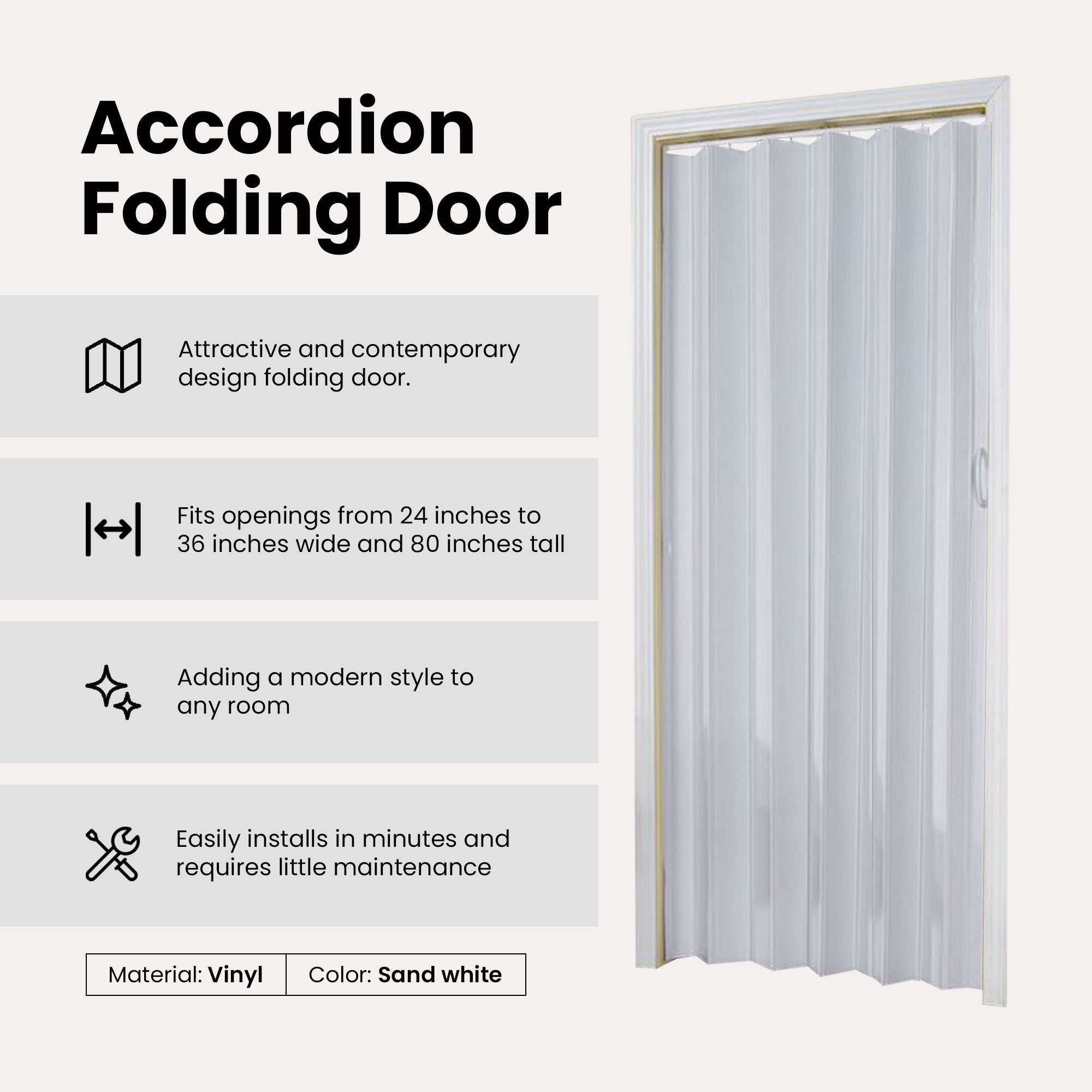LTL Home Products Contempora Accordion Door, 36" x 80", Sand White (For Parts) - VMInnovations