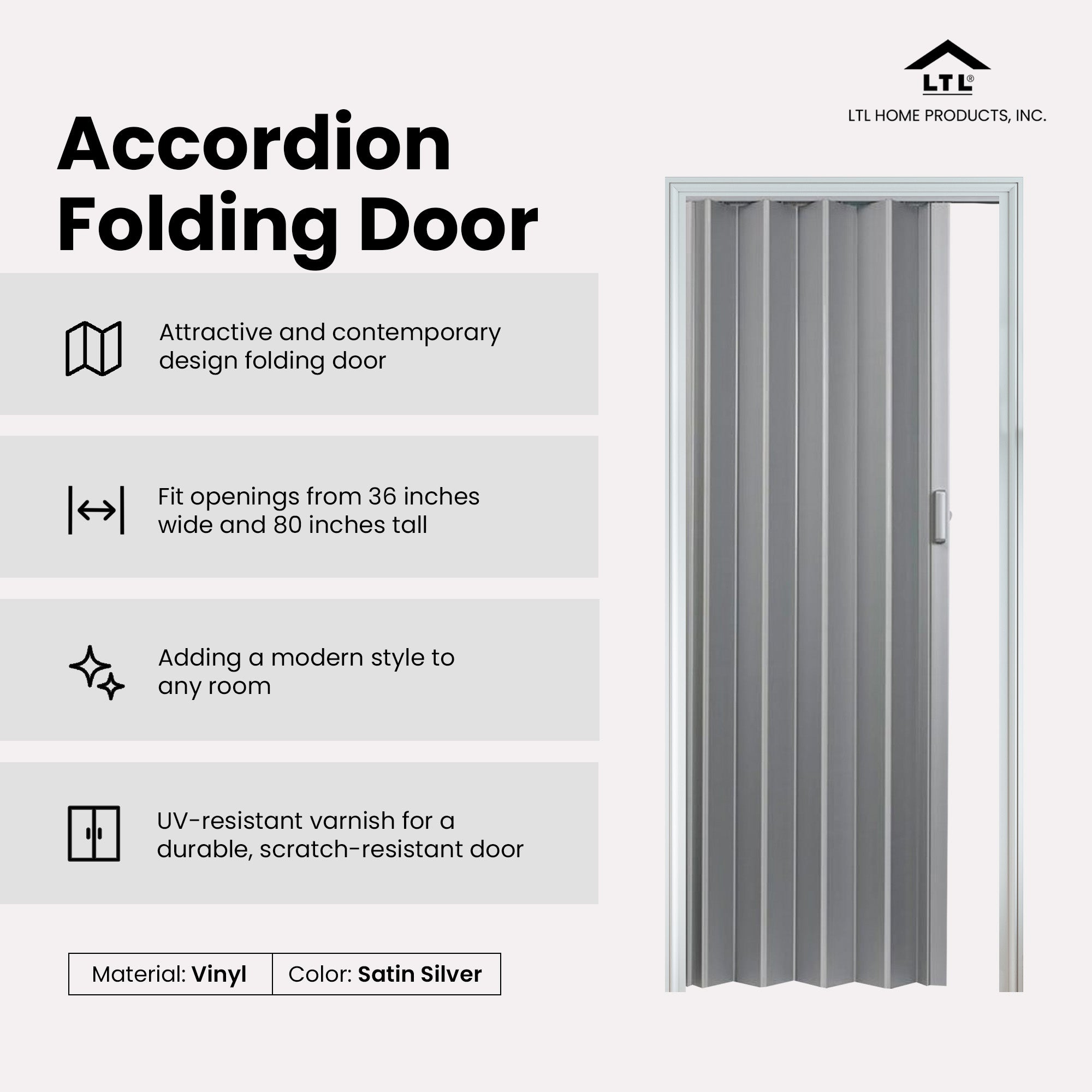 LTL Home Products Spectrum Elite Accordion Folding Door, 36x80 In, Satin Silver - VMInnovations