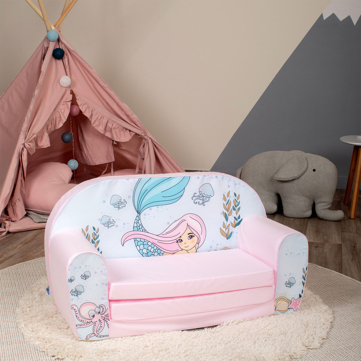 Delsit Toddler Couch 2 in 1 Flip Open Kid Sized Foam Sofa Lounger, Pink Mermaid - VMInnovations