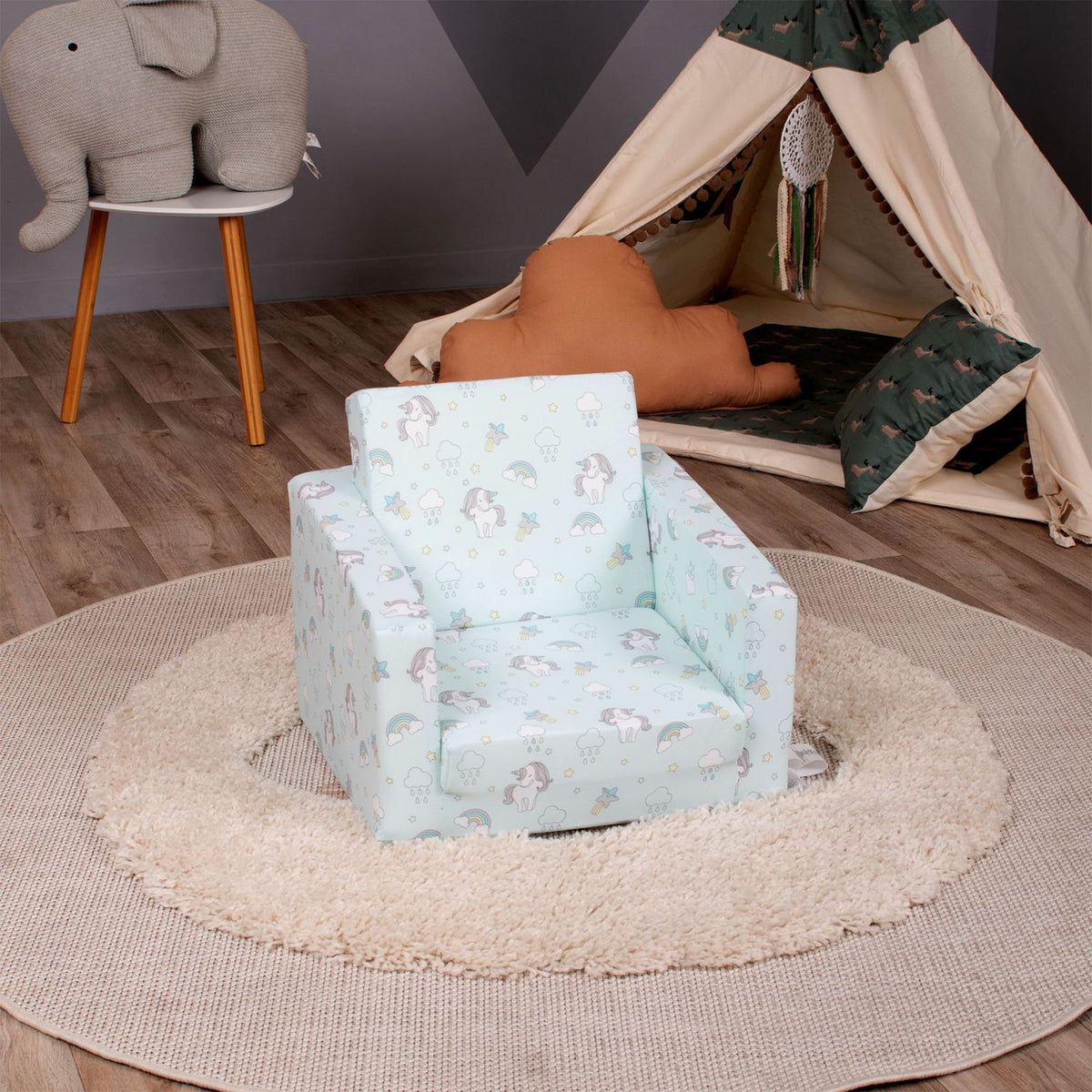 Delsit Toddler 2 in 1 Flip Open Kid Sized Foam Lounge Chair, Unicorns & Rainbows - VMInnovations