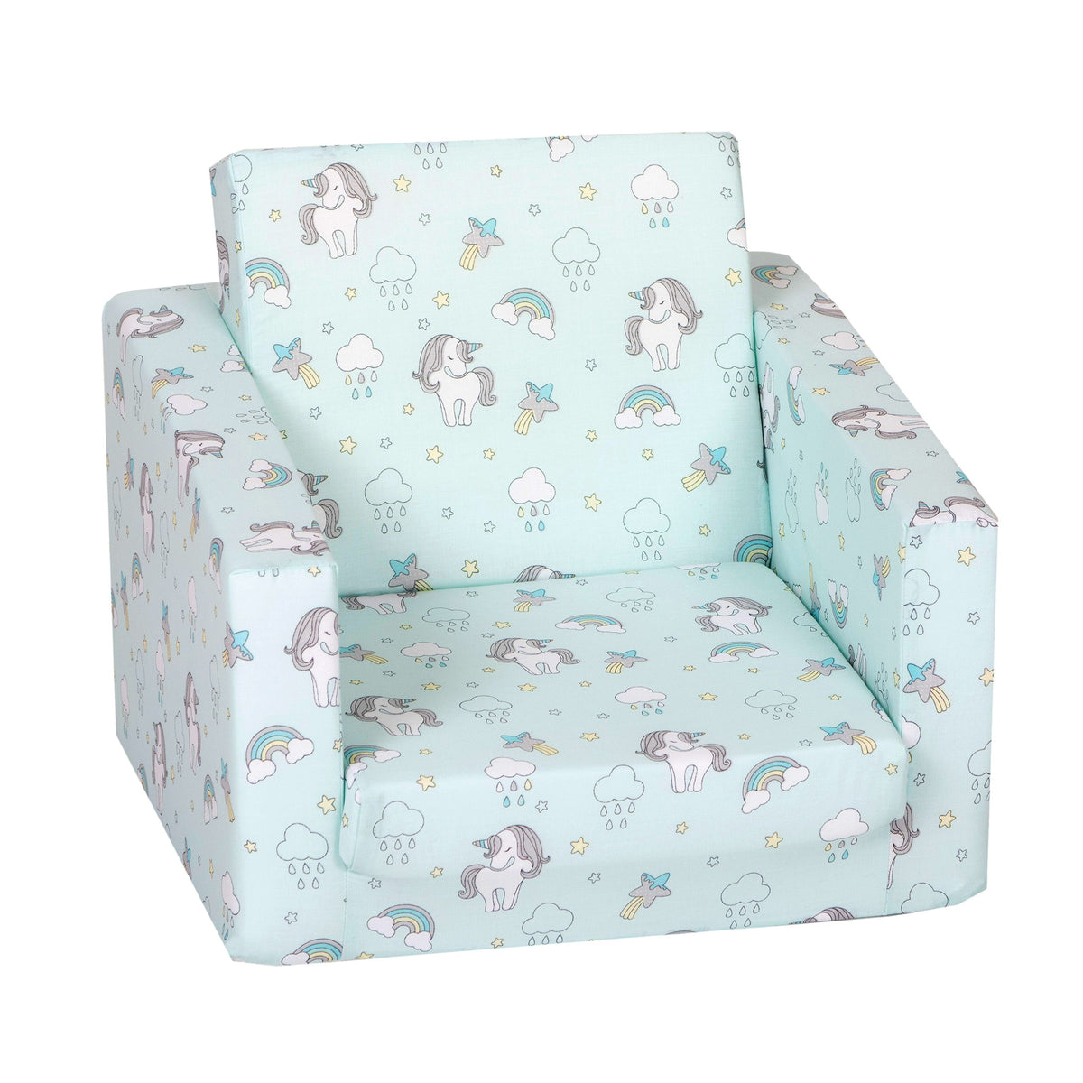 Delsit Toddler 2 in 1 Flip Open Kid Sized Foam Lounge Chair, Unicorns & Rainbows - VMInnovations