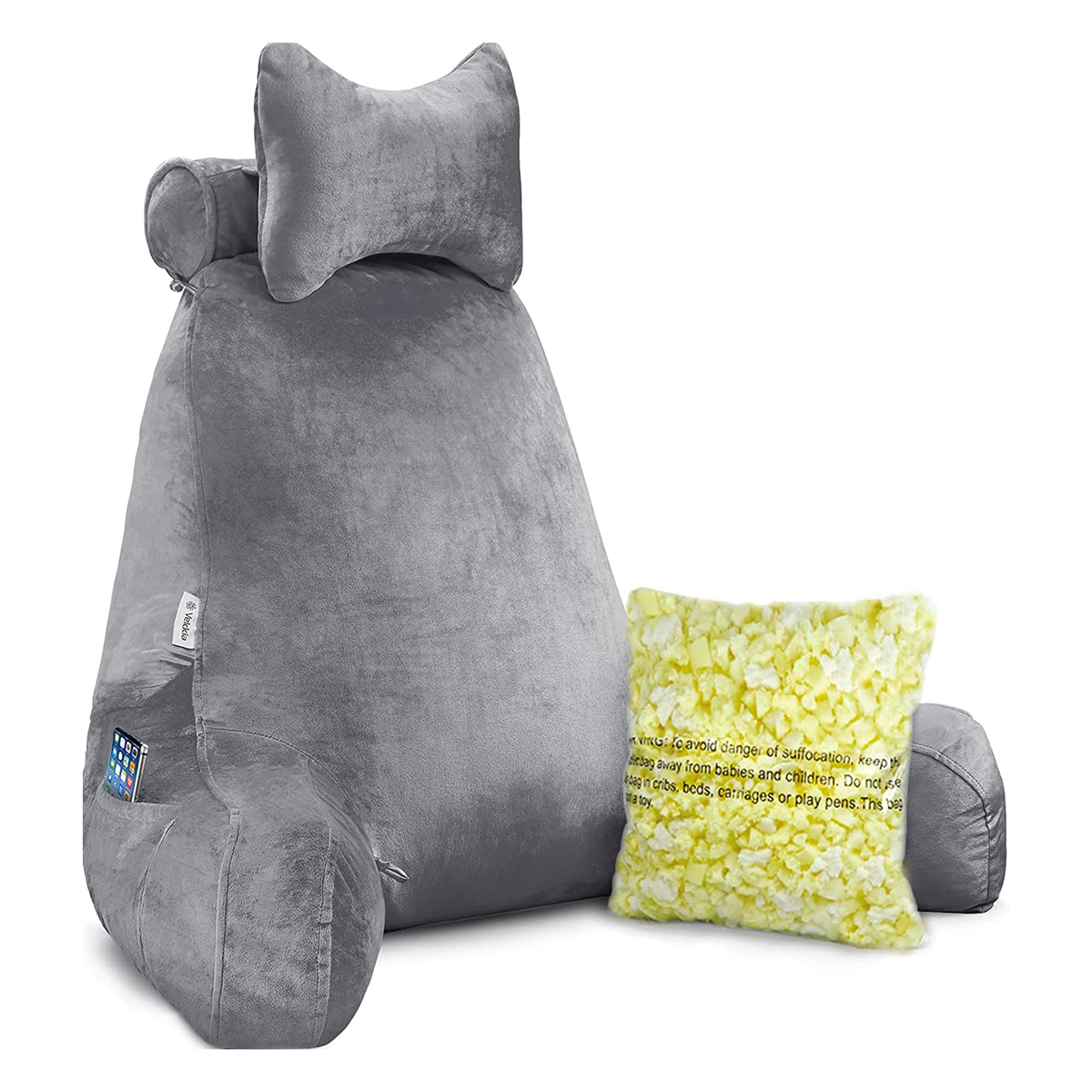 Vekkia Large Reading and Bed Rest Pillow with Back and Arm Support, Bright Gray (Refurbished)