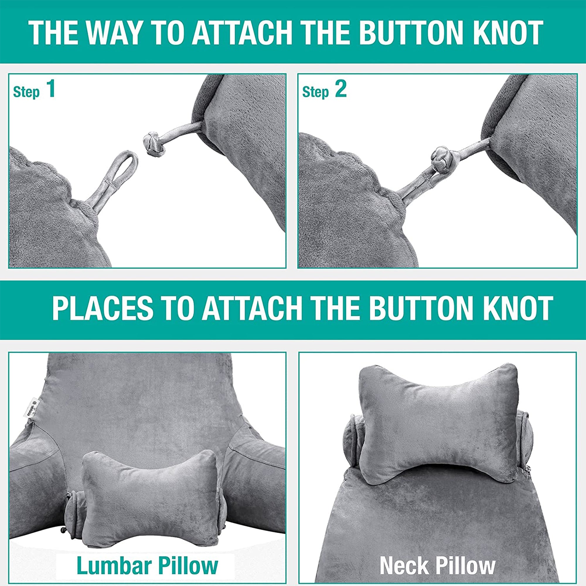 Vekkia Large Reading and Bed Rest Pillow with Back and Arm Support, Bright Gray (Refurbished)