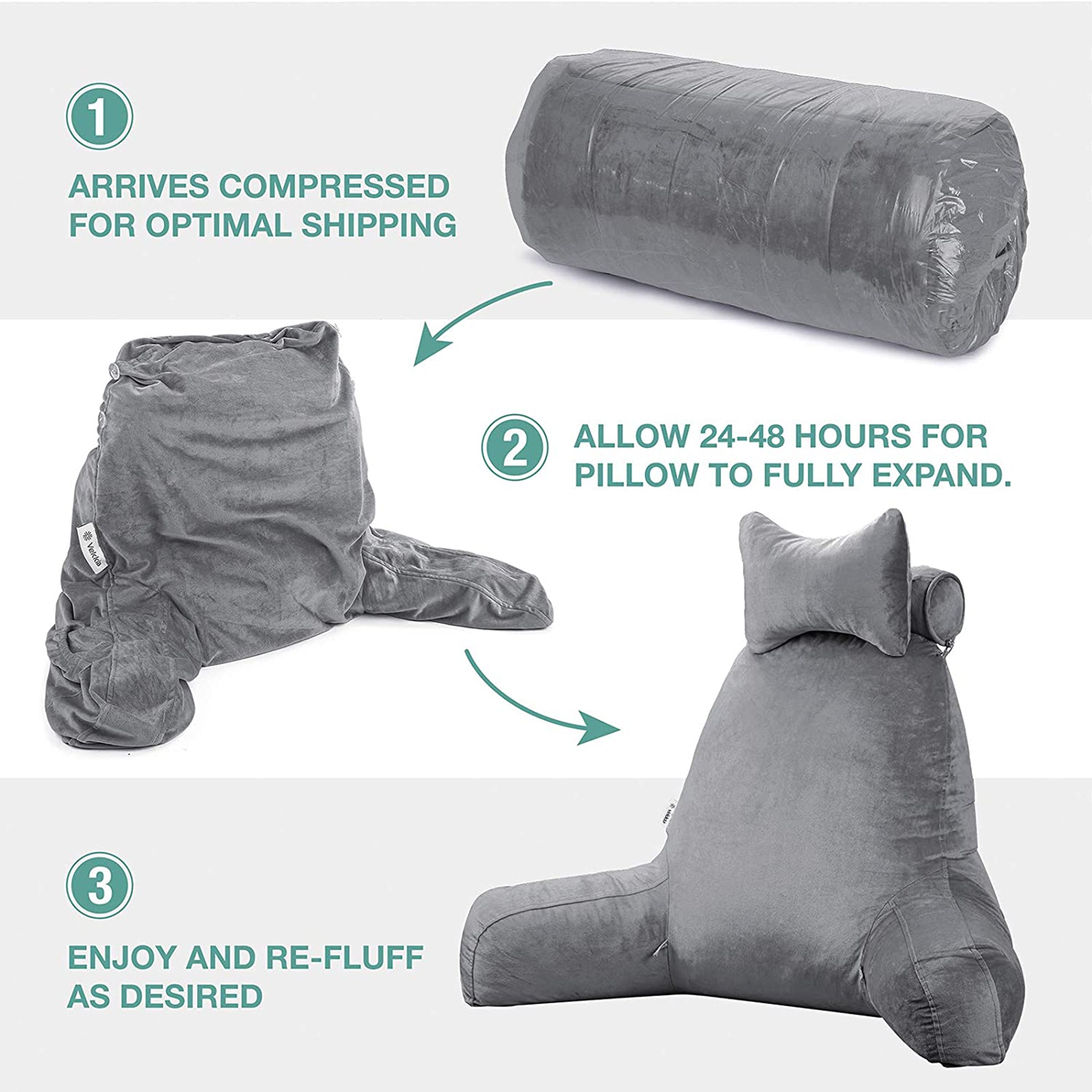 Vekkia Large Reading and Bed Rest Pillow with Back and Arm Support, Bright Gray (Refurbished)
