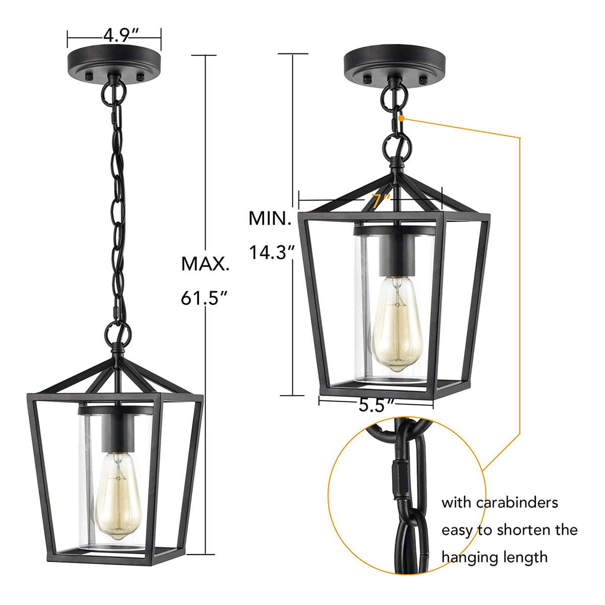 JEENKAE Modern Farmhouse Hanging Lantern Lamp with Chain for Kitchens, Black