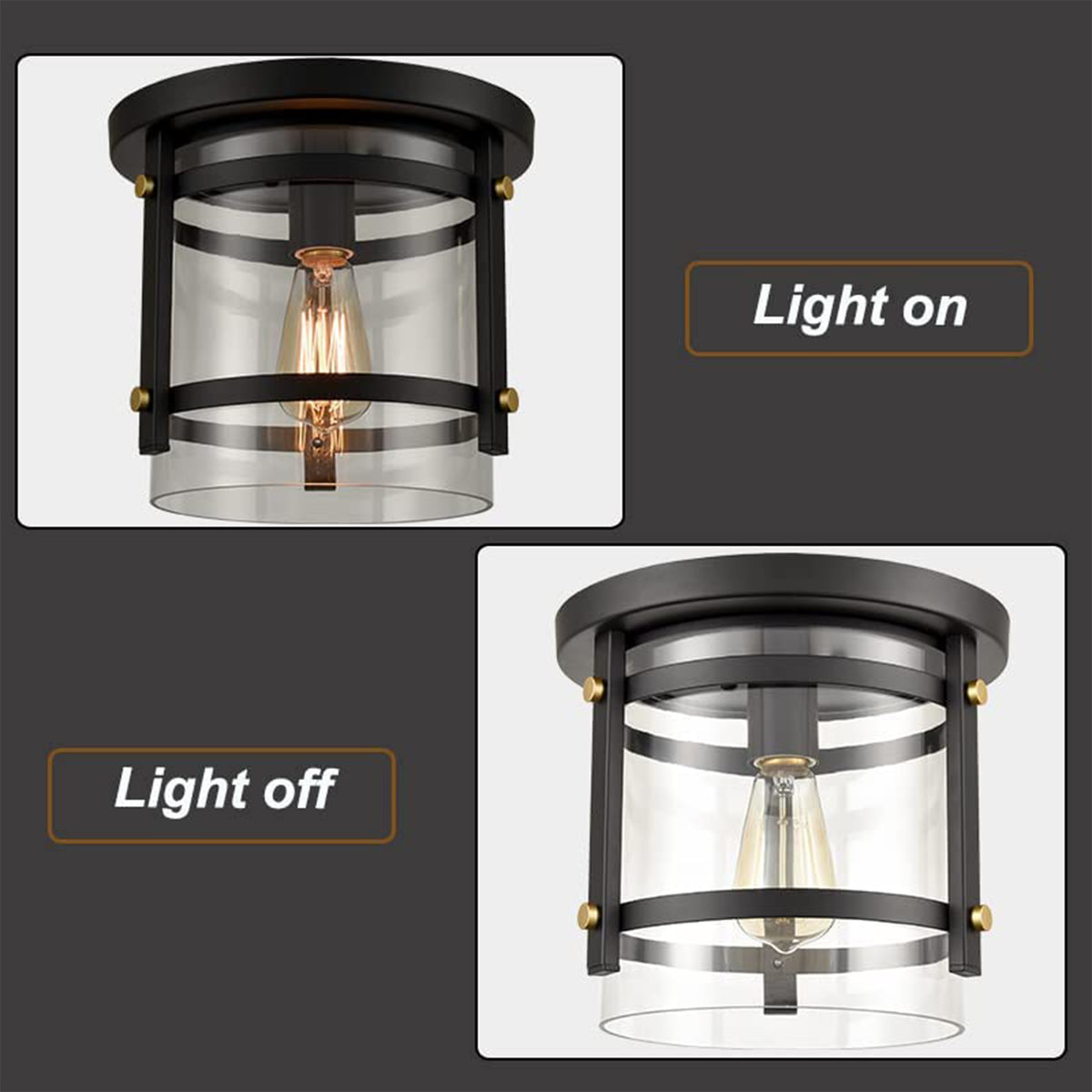 HYDELITE Industrial Flush Mount LED Ceiling Light Fixture w/ Glass, Black (3 Pk)