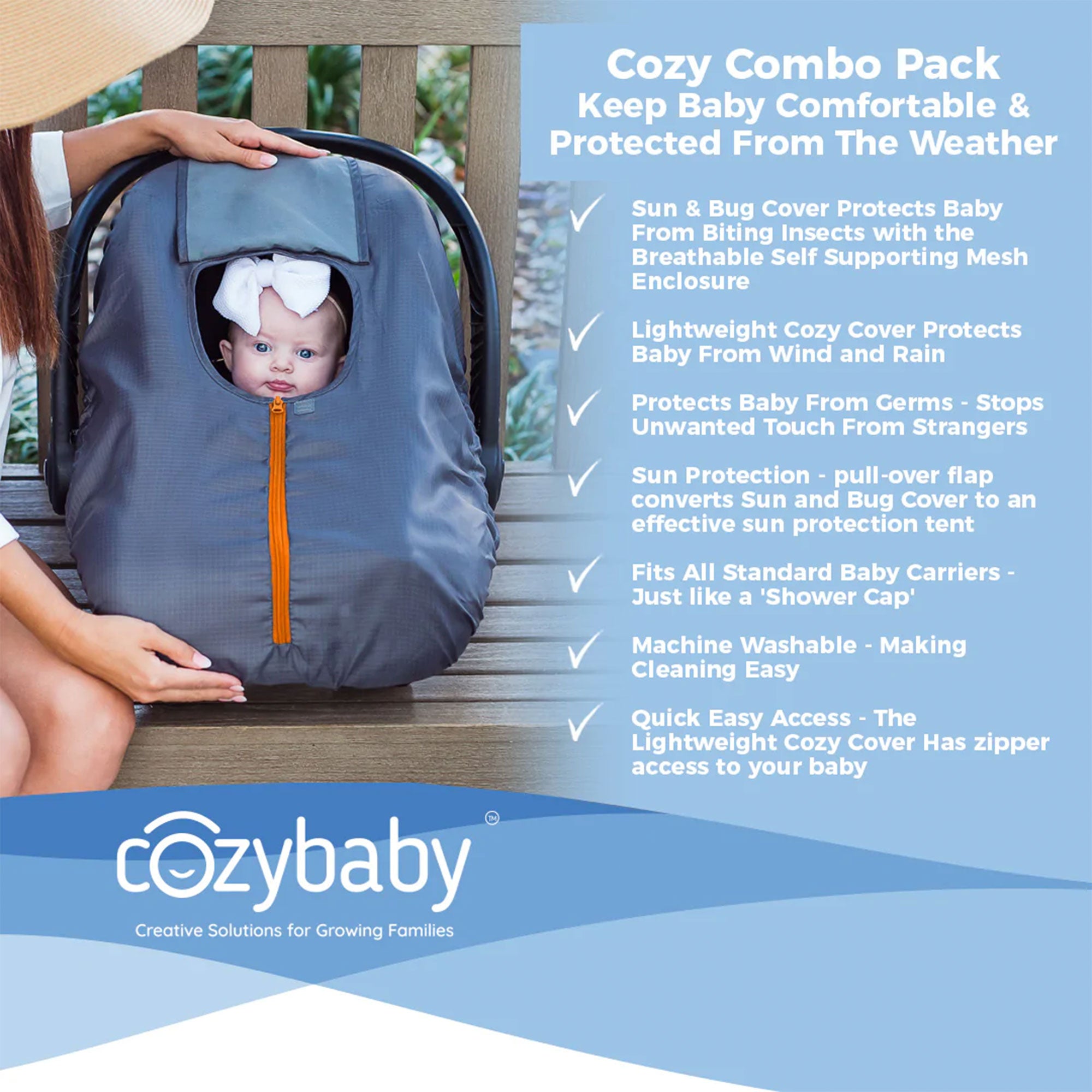 CozyBaby Sun & Bug Cover w/ Lightweight Summer Cozy Cover for Baby Carrier, Gray - VMInnovations