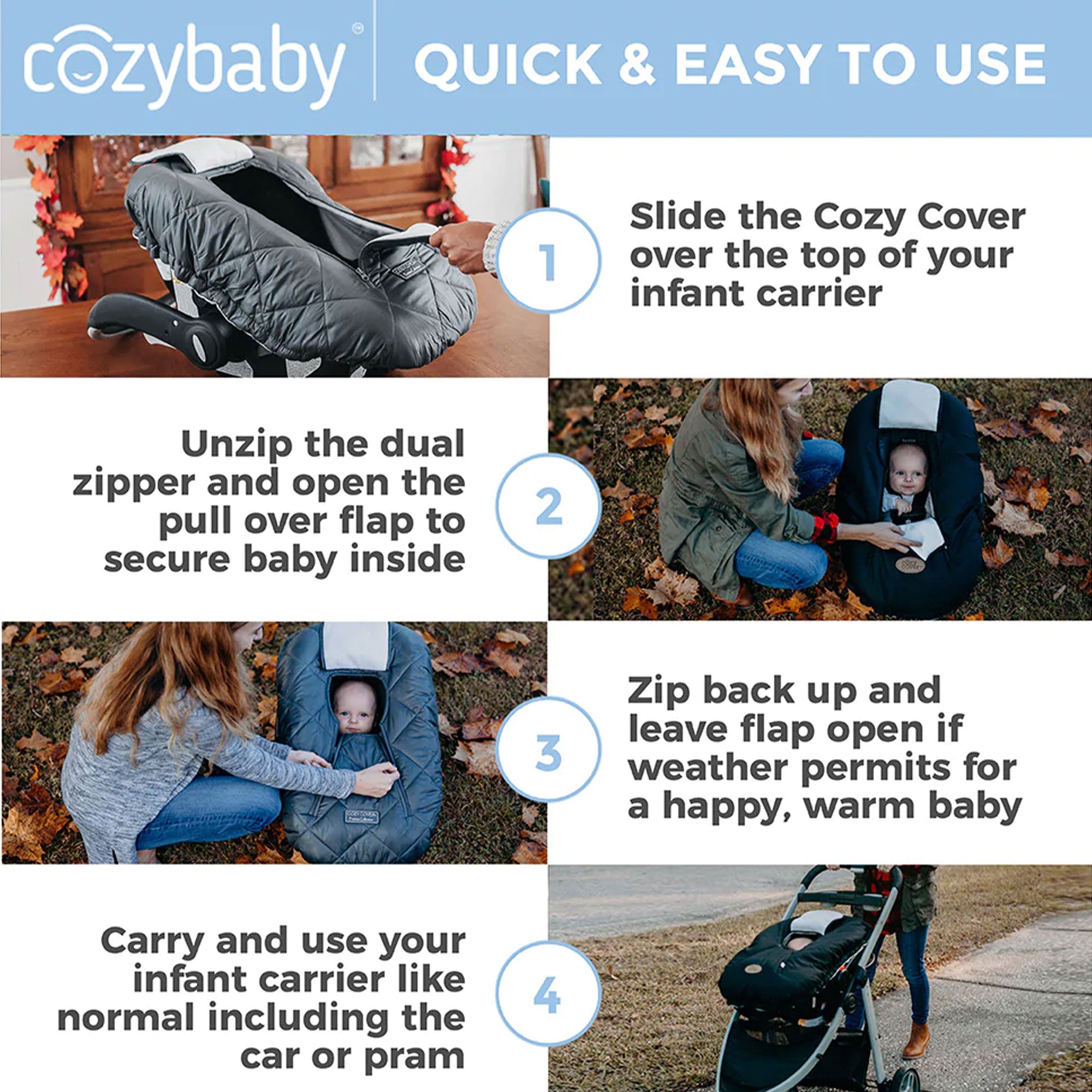 CozyBaby Quilted Infant Car Seat Cover with Dual Zippers and Elastic Edge, Black - VMInnovations