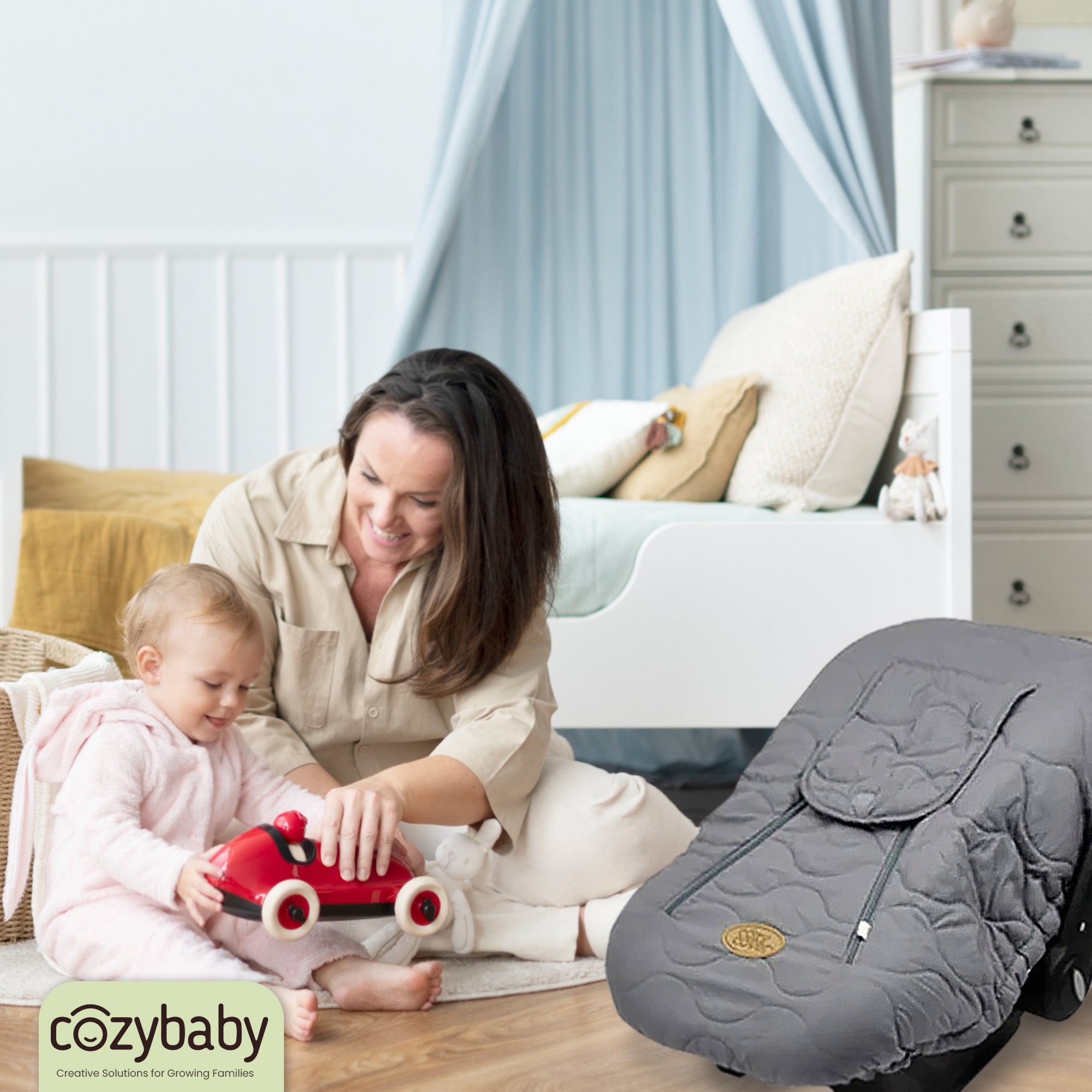 CozyBaby Quilted Infant Car Seat Cover with Dual Zippers and Elastic Edge, Gray - VMInnovations