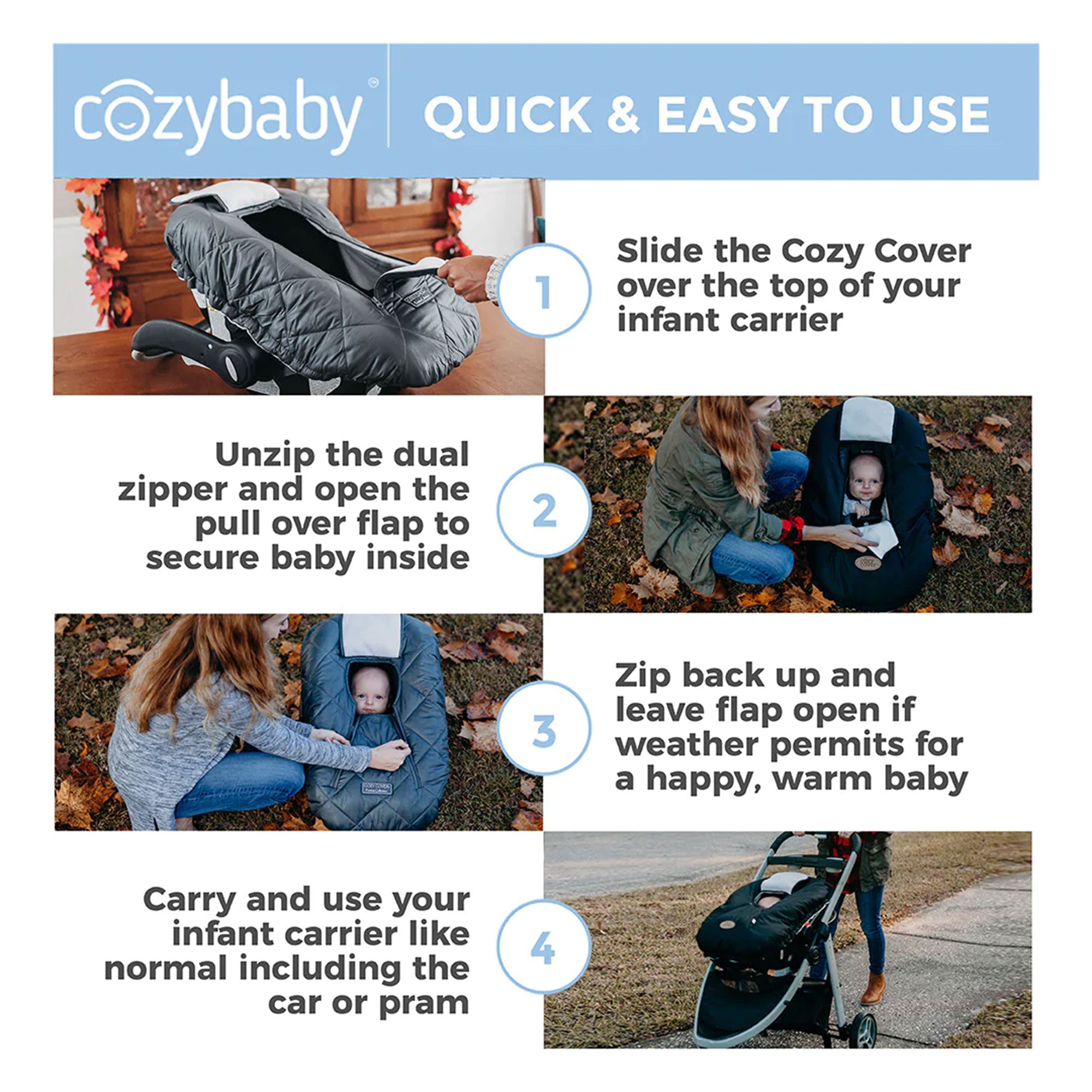 CozyBaby Quilted Infant Car Seat Cover with Dual Zippers and Elastic Edge, Gray - VMInnovations