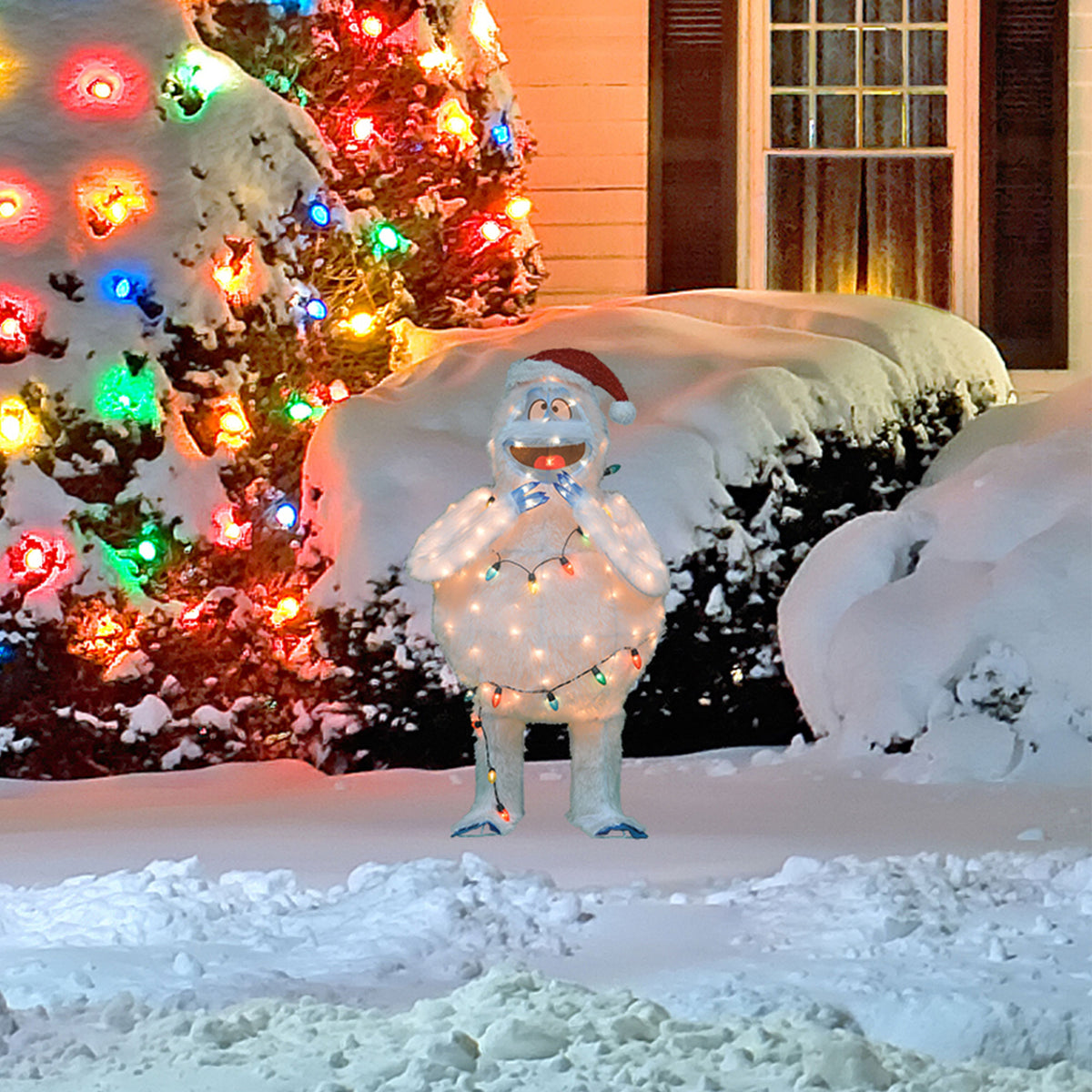 ProductWorks 32 Inch Bumble Snowman with Santa Hat Pre Lit Outdoor Holiday Decor