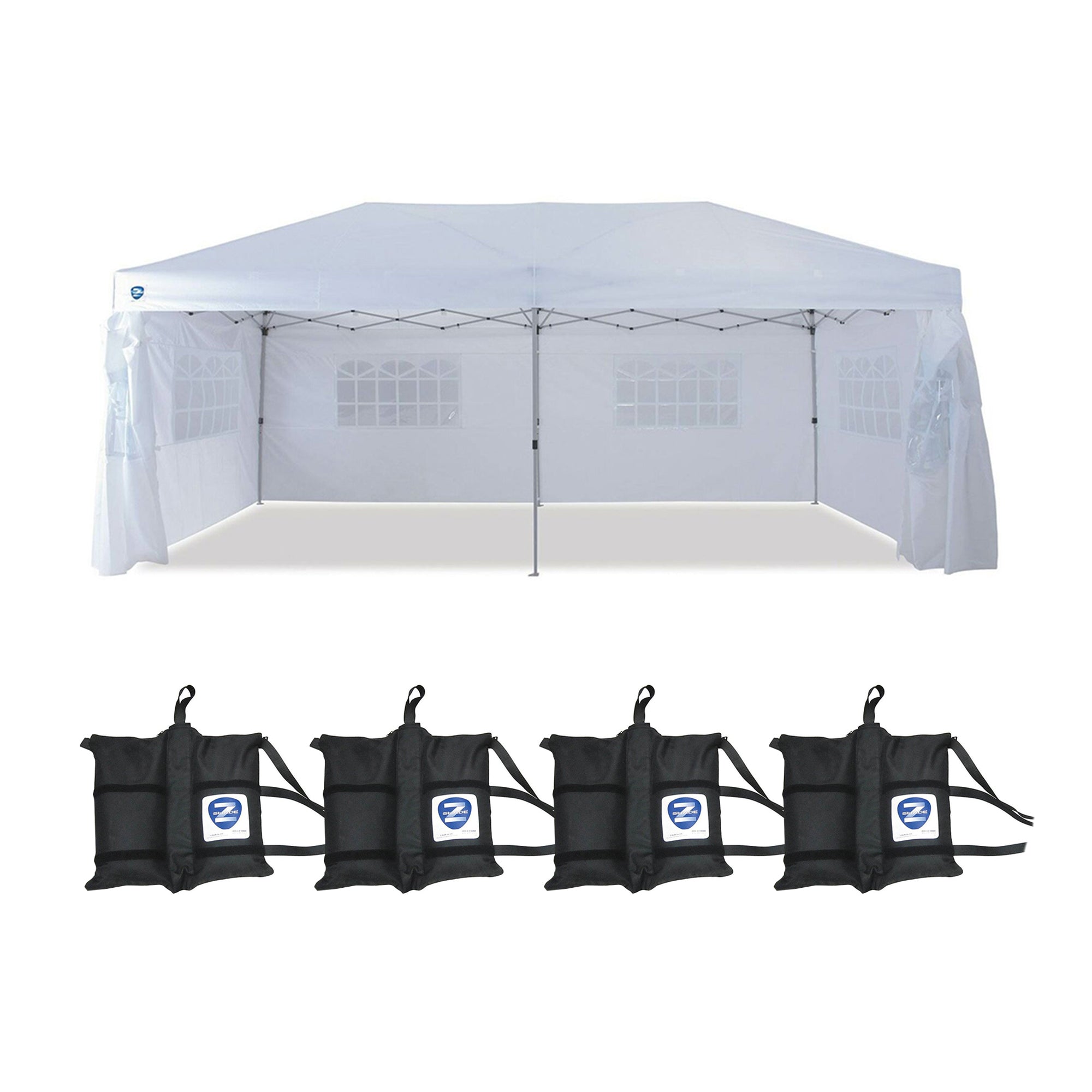 Z-Shade 20 x 10 Foot Pop Up Canopy Tent, White & Leg Wrap Weight Bags, Set of 4